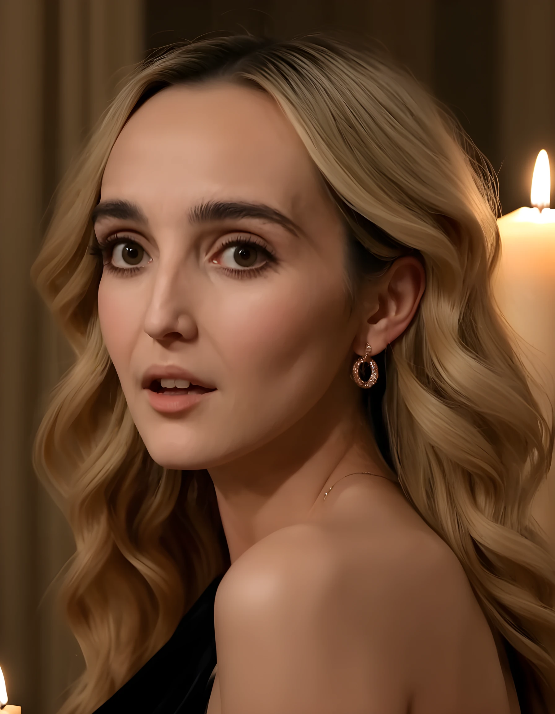 In a dimly-lit, ethereal indoor setting, the enigmatic CF1n3M is captured in a hauntingly beautiful black dress with bare shoulders and adorned with intricate jewelry, her long, wavy blonde hair cascading down her back like a waterfall. Her striking features are accentuated by the soft glow of a solitary candle, illuminating her face and emphasizing her full lips, bright teeth, and a small mole near her left cheek. She gazes intently at the viewer with piercing brown eyes, her fingers gently touching her right earring as she leans forward slightly, creating an air of mystery and allure in this intimate, close-up portrait.