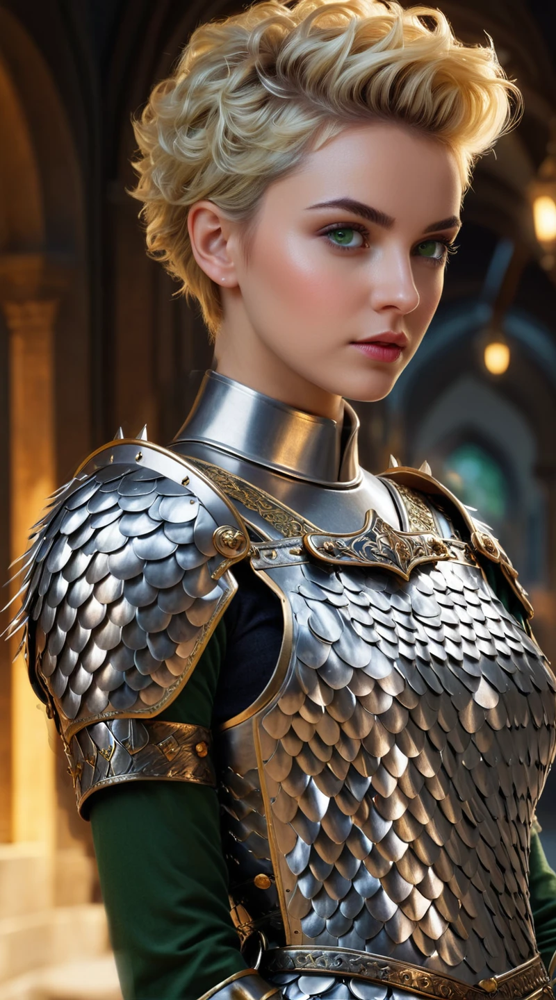 <lora:Scale_Armor-000008:0.8> ((A cute feminine blonde female knight, wearing scale armor, scales, SCLARMR, lamellar armor, green eyes, pompadour long spiked buzz haircut, curly very short hair, looking at viewer)), masterpiece, absurdres, high resolution 4K high quality image, , fine-detail, insane details, maximalist, depth of field, bokeh, vanishing point, 4K resolution, 8k, 16k, UHD, Bokeh, amazing details, Sharp, diffused light, tilt-shift, depth of field, 4K resolution, amazing lighting, hyper-realistic accurate shadows, beautiful, amazing details, vivid rich colors, detailed, intricate background, alluring, masterpiece, amazing details, Sharp, trending on Artstation, trending on CGSociety, dramatic lighting, cinematic, rule of thirds, sharp focus, intricate details, amazing lighting, depth of field.