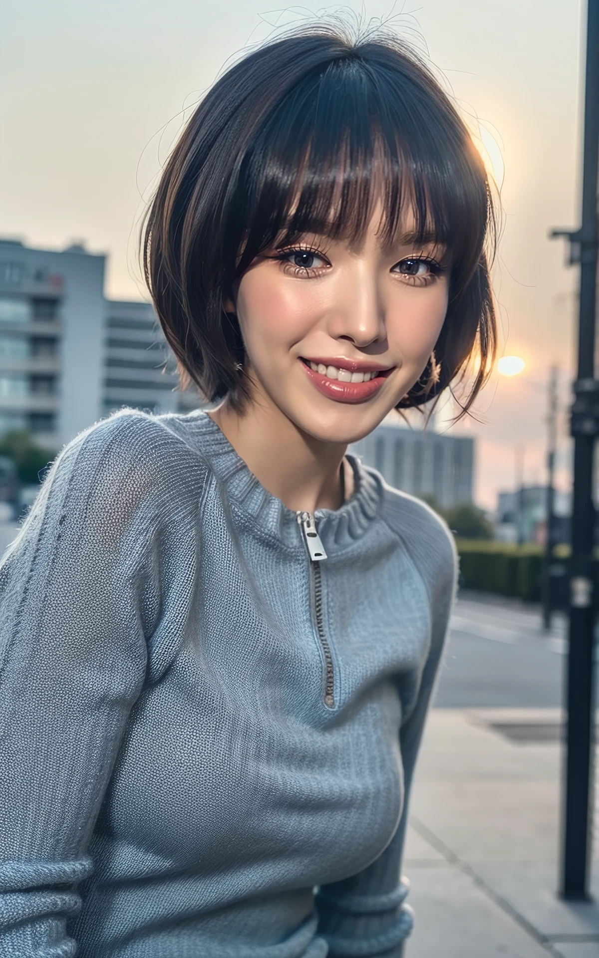 (short hair:1.2) (smiling:1.2), (fullbody:1.2),  (realistic), (hyperrealism), (photorealistic:1.4), 1girl,  looking at the viewer, eye makeup, detailed eyes, detailed face, (upper body:1.2), detailed background, walking at the streets, sunset, (windy:1.2)  z1pp3rsw3at3r,, sleeves past wrists, zipper sweater, Denim jeans   <lora:zoom_slider_v1:-2>   <lora:Wendy_V1:1> B_Wendy_V1 1woman <lora:forehead_slider_v2:-2>