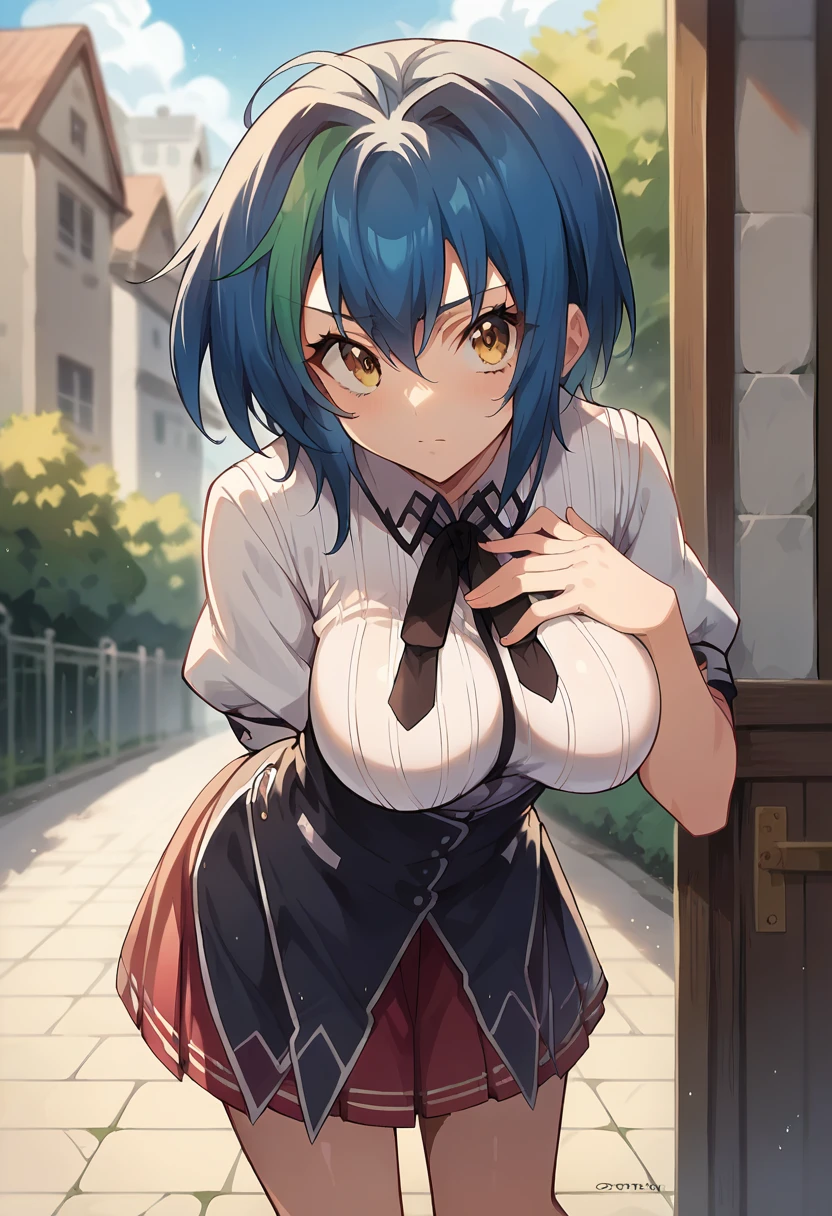 NSFW,masterpiece,Highest quality,High resolution,Super detailed,Sinon\(Sword Art Online\),Bare shoulders,Removable sleeves,Hand guard,leotard,Cape,Frilled mini skirt,gem, hair ornaments, Hair Clip,Thigh straps,Embarrassed,Expecting face,(Lust),(Estrus),blush,Fantasy,inn,Reception counter,(Middle-aged men),Rubbing the buttocks,From the side