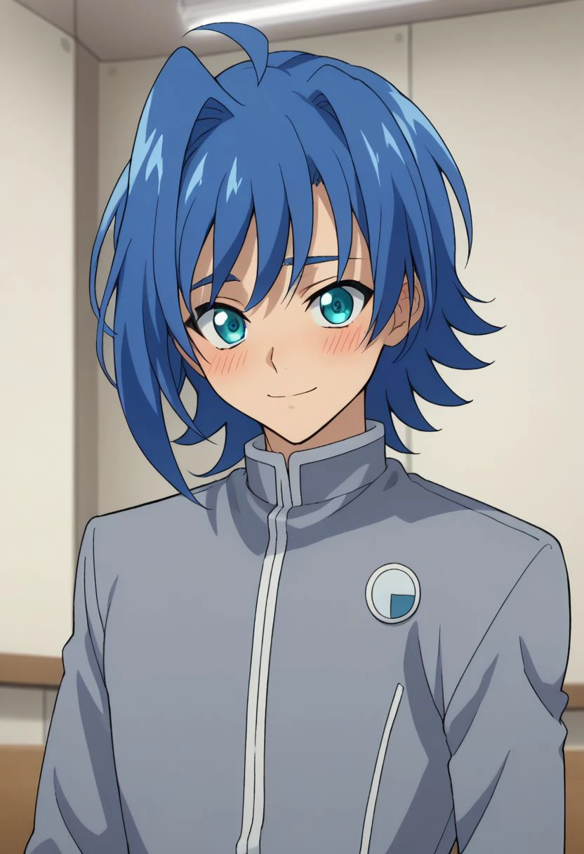 score_9, score_8_up, score_7_up, source_anime, highly detailed, 
aichi, 1boy, male focus, blue hair, ahoge, solo, school uniform, grey uniform, looking at viewer, blue eyes, upper body, indoors, smile, blush, shy,