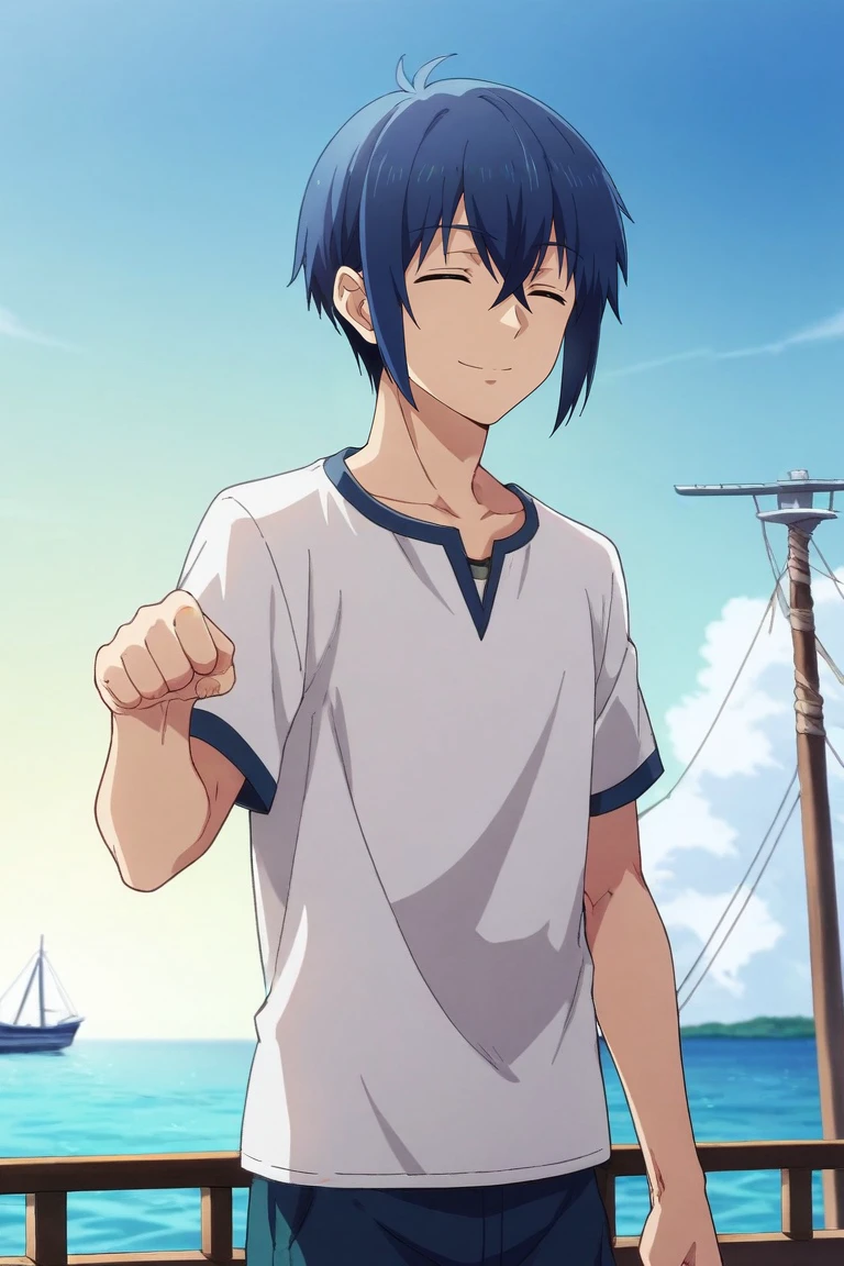 score_9, score_8_up, score_7_up, source_anime, rating_safe, , , , depth of field, 1boy, solo, male focus, <lora:reito_mizuhara_pony:0.8>, reito_mizuhara, blue hair, blue eyes, short hair, hair between eyes, wide angle, wide shot, cowboy shot, boat, ship, day, clouds, paw pose, (closed eyes:1.2), smile, , <lora:sdxl_lightning_8step_lora:1>
