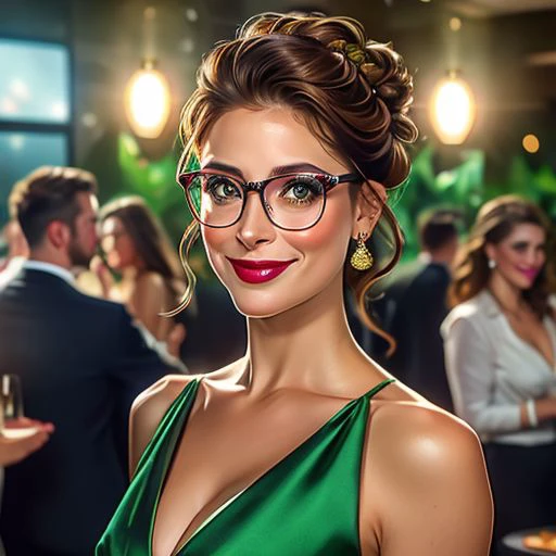 (masterpiece), best quality, expressive eyes, perfect face, dark brown eyes, glasses, brown eyes, 35-year-old white female, brown hair updo, glasses,  highest quality, perfect face, realistic, 35-year-old White American woman, At a formal speed dating event, wearing a Green party dress, full body view, hair down, great makeup, stunning figure, ditzy nightclub, big smile, looking at viewer, warm smile, masterpiece, highest quality, professional makeup, no glasses, 8k, realistic, photography