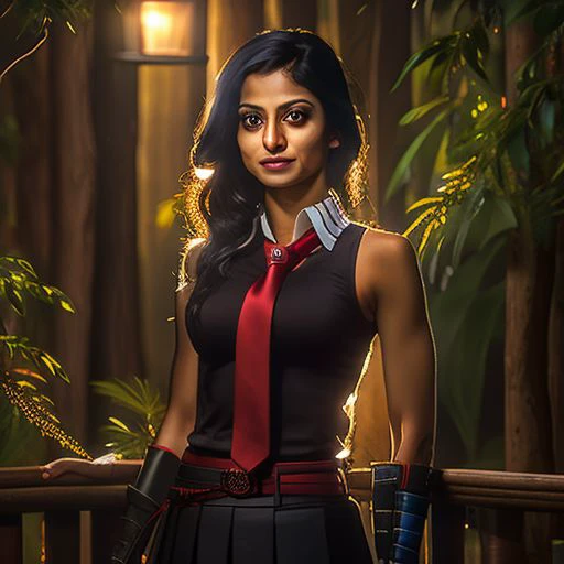 30 year old pharmaceutical sales rep, East Indian woman,dstressed expression, slightly flat chested, a cup breasts, thin but athletic figure, red eyes, long hair, black hair, black dress, sleeveless, pleated skirt, black shirt, necktie, gauntlets, red belt, akame, outside in a forest at night time, good lighting