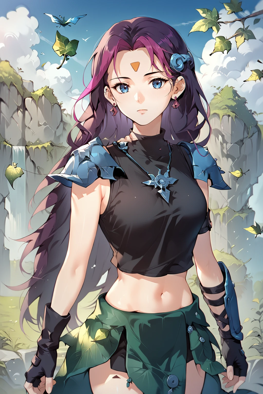 score_9, score_8_up, score_7_up, score_6_up, score_5_up, score_4_up, source_anime, cowboy shot, solo, outdoors, ea, purple hair, two-tone hair, long hair, hair ornament, forehead mark, blue eyes, jewelry, earrings, shoulder armor, black shirts, sleeveless, midriff, fingerless gloves, leaf skirt, <lora:Eapony:0.85>, <lora:Concept Art Eclipse Style LoRA_Pony XL v6:0.6>