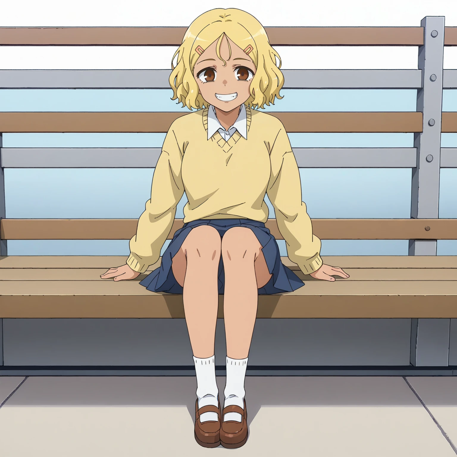 <lora:SakuraXLpony001>,
grin,
solo,
Sakura,1girl,blonde hair,short hair,hairclip,brown eyes,tan,
white shirt,yellow sweater,
blue skirt,
full body,sitting,