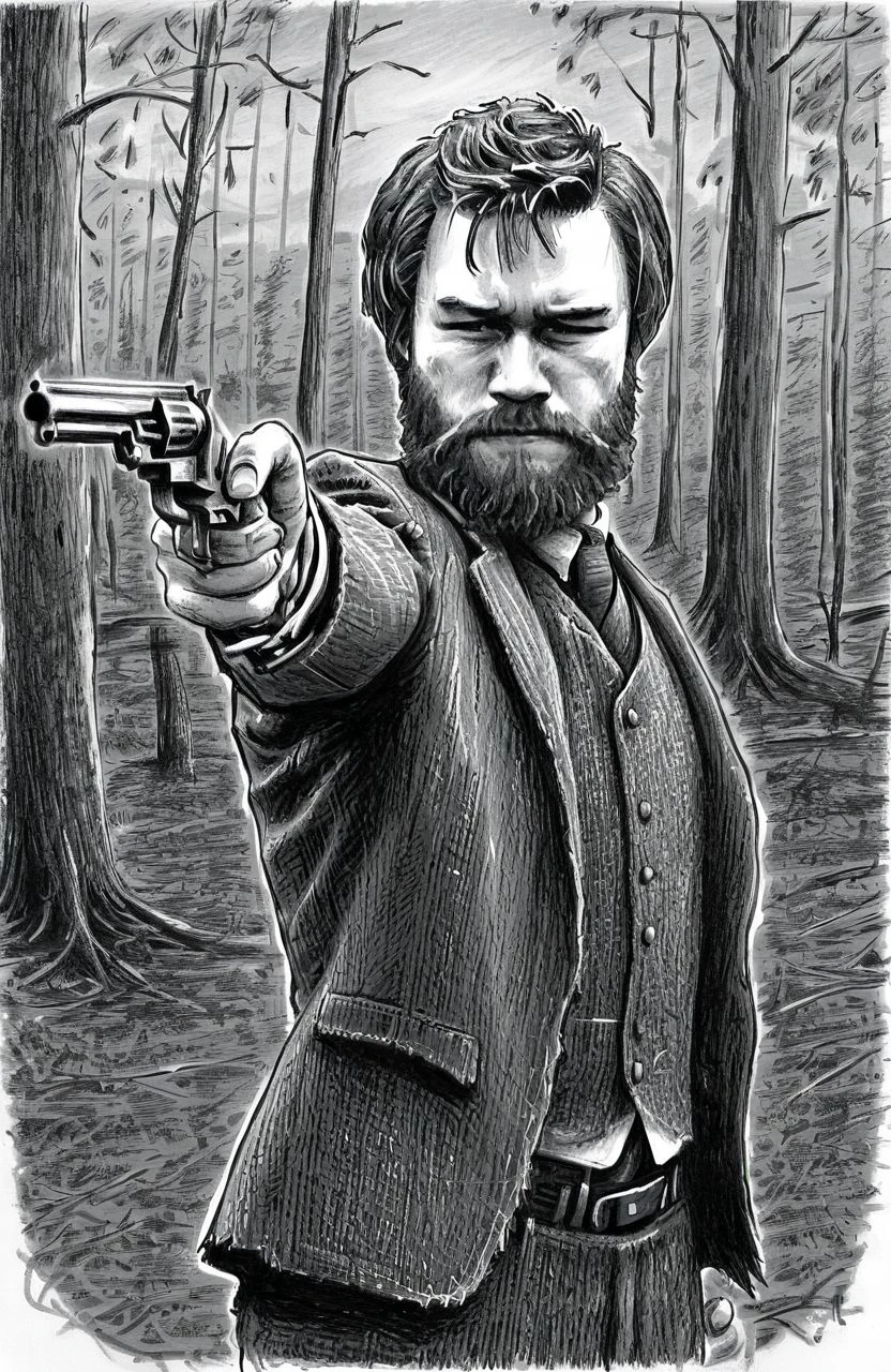 <lora:nedkelly_xl:0.8> nedkelly, a man in a suit holding a revolver, stern, aiming, tweed jacket, australian wilderness, forest, beard, Heath ledger, black and white, charcoal illustration, sketch, akimbo, revolver,