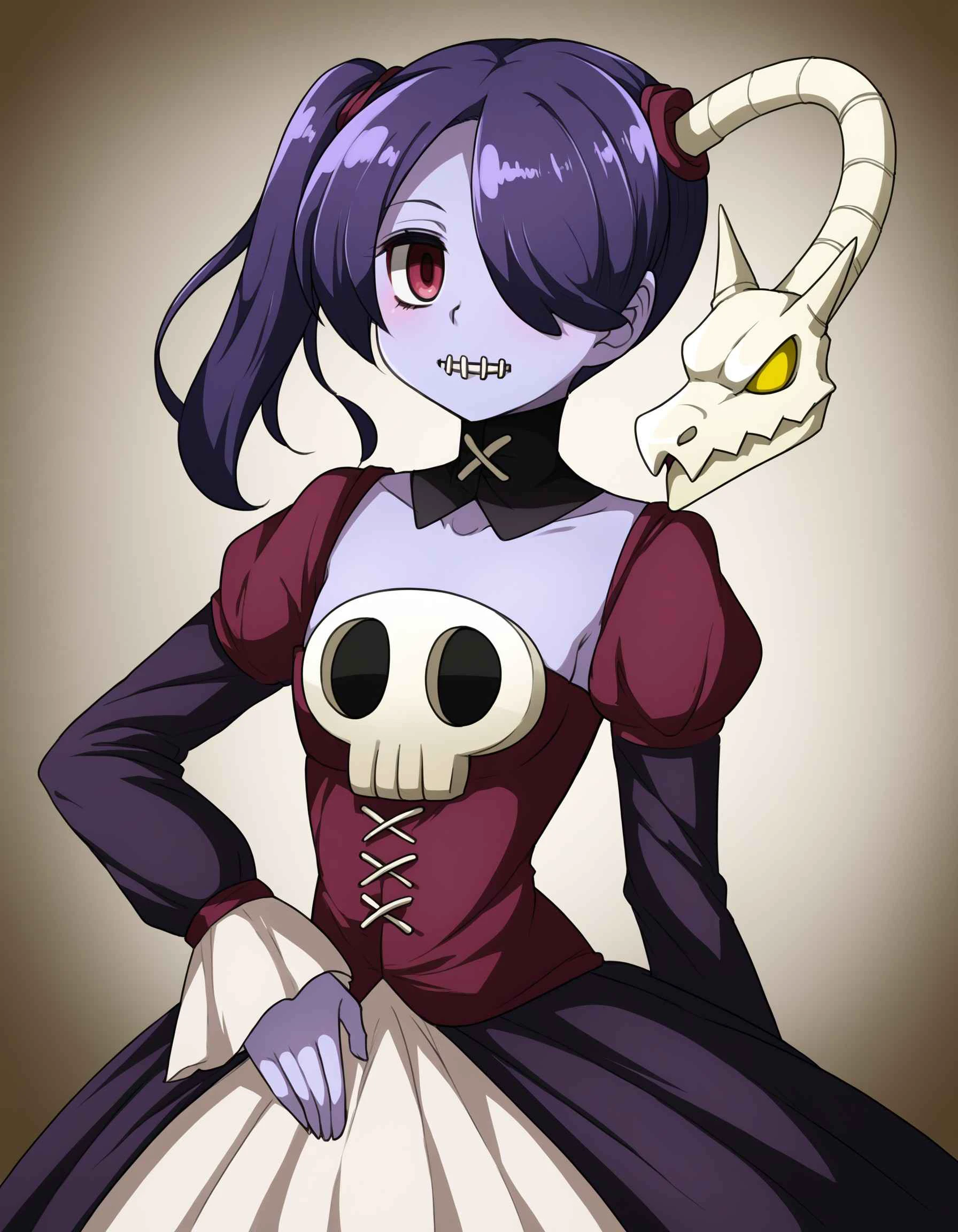 stitched_mouth, 1girl, hair_over_one_eye, colored_skin, stitches, solo, red_eyes, blue_skin, detached_collar, side_ponytail, zombie, skull, looking_at_viewer, dress, long_sleeves, purple_hair, puffy_sleeves, smile, long_hair, corset, detached_sleeves, blush, striped_sleeves, collarbone