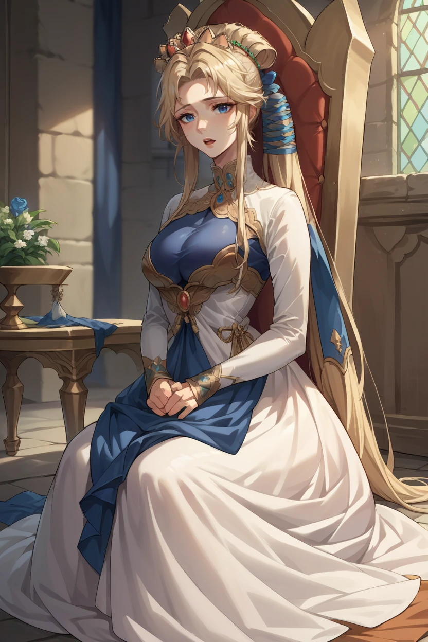 score_9, score_8_up, score_7_up, score_6_up, source_anime, 1girl, solo,  <lora:fenyna-pdxl-nvwls-v1-000005:1>  fenyna, blonde hair, hair ribbon, crown, white dress, long dress, long sleeves, large breasts, sitting, throne, looking at you, open mouth, medieval castle, indoors