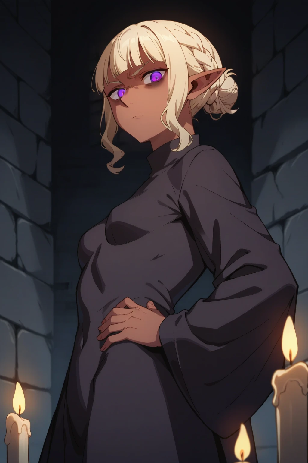 score_9, score_8_up, score_7_up, source_anime, 1girl, prefect lighting, very aesthetic, intricate details, highly detailed background, masterpiece, high quality, prefect hands, best quality, solo,
<lora:Thistle_Dungeon_Meshi_V1_r2-000007:.85>, pointy ears, light red skin, dark-skinned female, dark skin, purple eyes, cream hair, blunt bangs, sidelocks, braid, hair bun, bags under eyes, glowing eyes, 
long sleeve, black poncho, 
tired, standing, hand on own hip,  looking at viewer,  from side, disgust, from below, 
dungeon, stone wall, dark, candles, dimly lit,
(Beautiful, small Breasts:1.2), natural breasts,