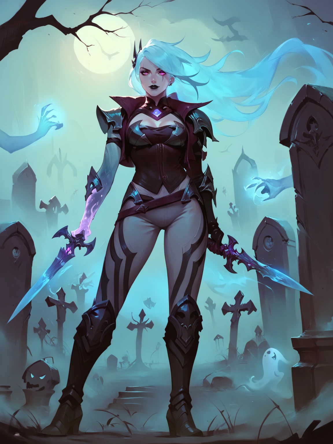 score_9, score_8_up, score_7_up, BREAK, KatarinaDS, turquoise hair, hairpin, scar on eye, black lips, purple eyes, high collar, black corset, one glowing ghost hand, one glove, glowing daggers, gray pants, black boots, Concept Art, piercing man's body with a dagger, graveyard background, fogy night, <lora:KatarinaDS:1> <lora:Concept Art Twilight Style SDXL_LoRA_Pony Diffusion V6 XL:1>