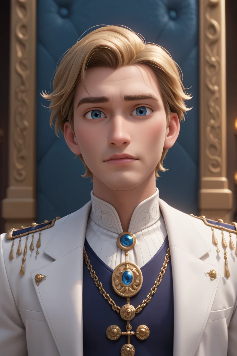 score_9, score_8, score_8_up, disney pixar style,1boy ,20 year old, handsome, mature, perfect face, perfect eyes, sculpted jaw, blonde hair, short hair, bare forehead,brown_eyes, masculine, manly, cool, rough, look at the viewer, wearing black princely clothes with gold decoration,(on a palace throne made of metal), in a large palace hall),(masterpiece )extremely detailed, one picture, solo, ultra detailed,best quality, upper body in frame,