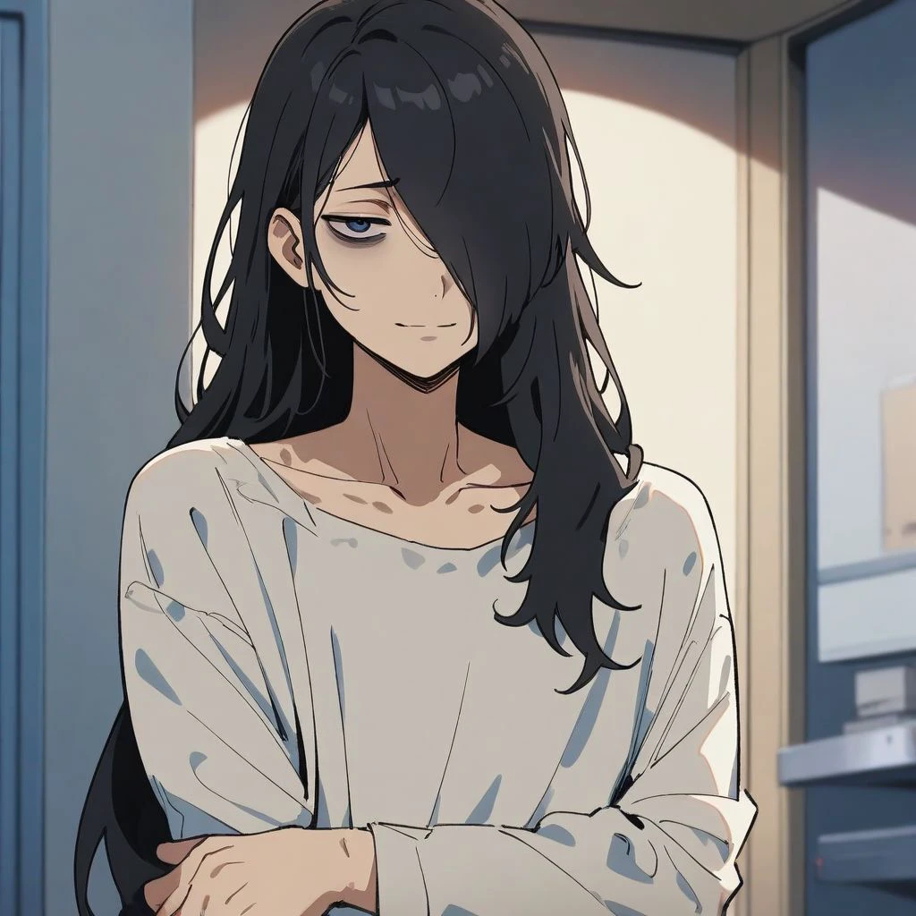 masterpiece, best quality, aesthetic, high quality, solo, 1boy, male focus, long hair, black hair,  blue eyes, hair over one eye, disheveled hair, off-shoulder, white shirt, collarbone, long sleeves, tired, bags under eyes, looking at viewer, hand on own arm, hand on arm, indoors, slight smile