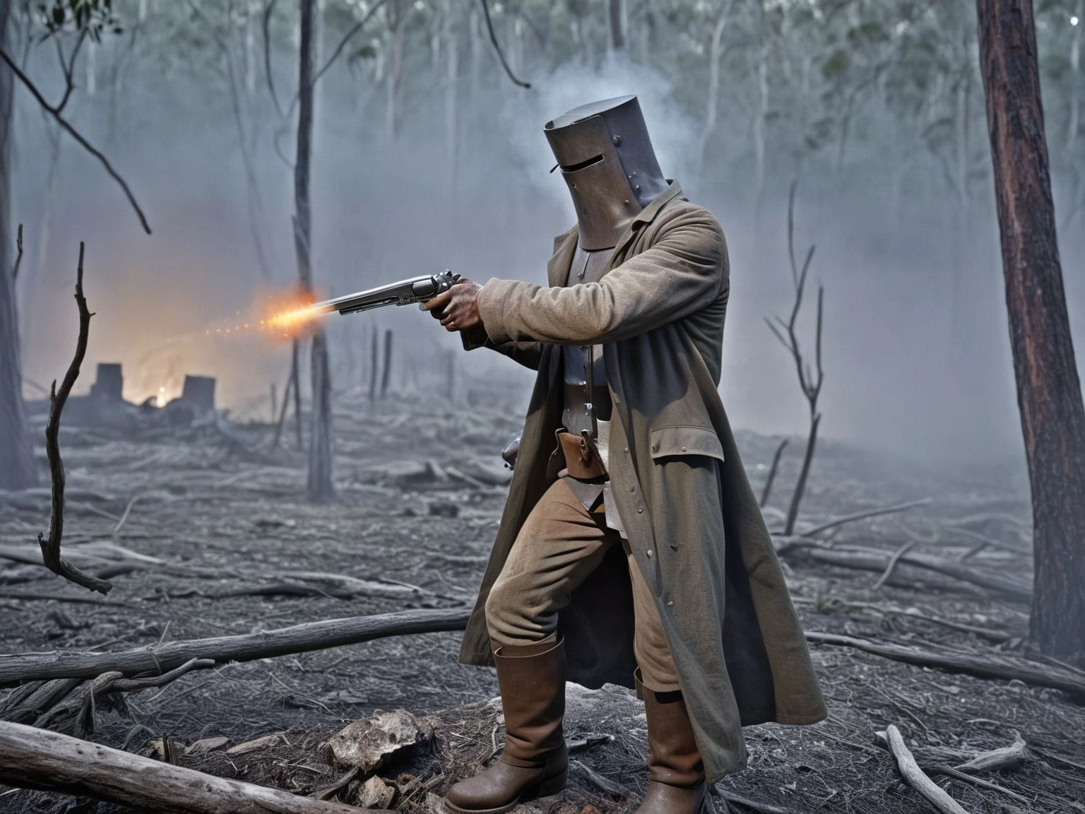 <lora:nedkelly_e10_r4_xl:0.8> nedkelly, a man kneeling in the forest aiming a gun, revolver, makeshift armor, helmet, riveted metal, trench coat, riding boots, heroic shot, at night, lit by fire, bushranger, close up, 19th century australia, gunshot, gunfire, gun smoke, volumetric fog, shootout, illustration, drawing,