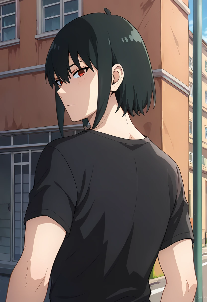 score_9,score_8_up,score_7_up,source_anime,1boy,solo,looking at viewer,Yuri Briar,black hair,red eyes,black shirt,t-shirt, street, outdoors, street, upper body, HD, looking back<lora:EMS-404388-EMS:0.800000>