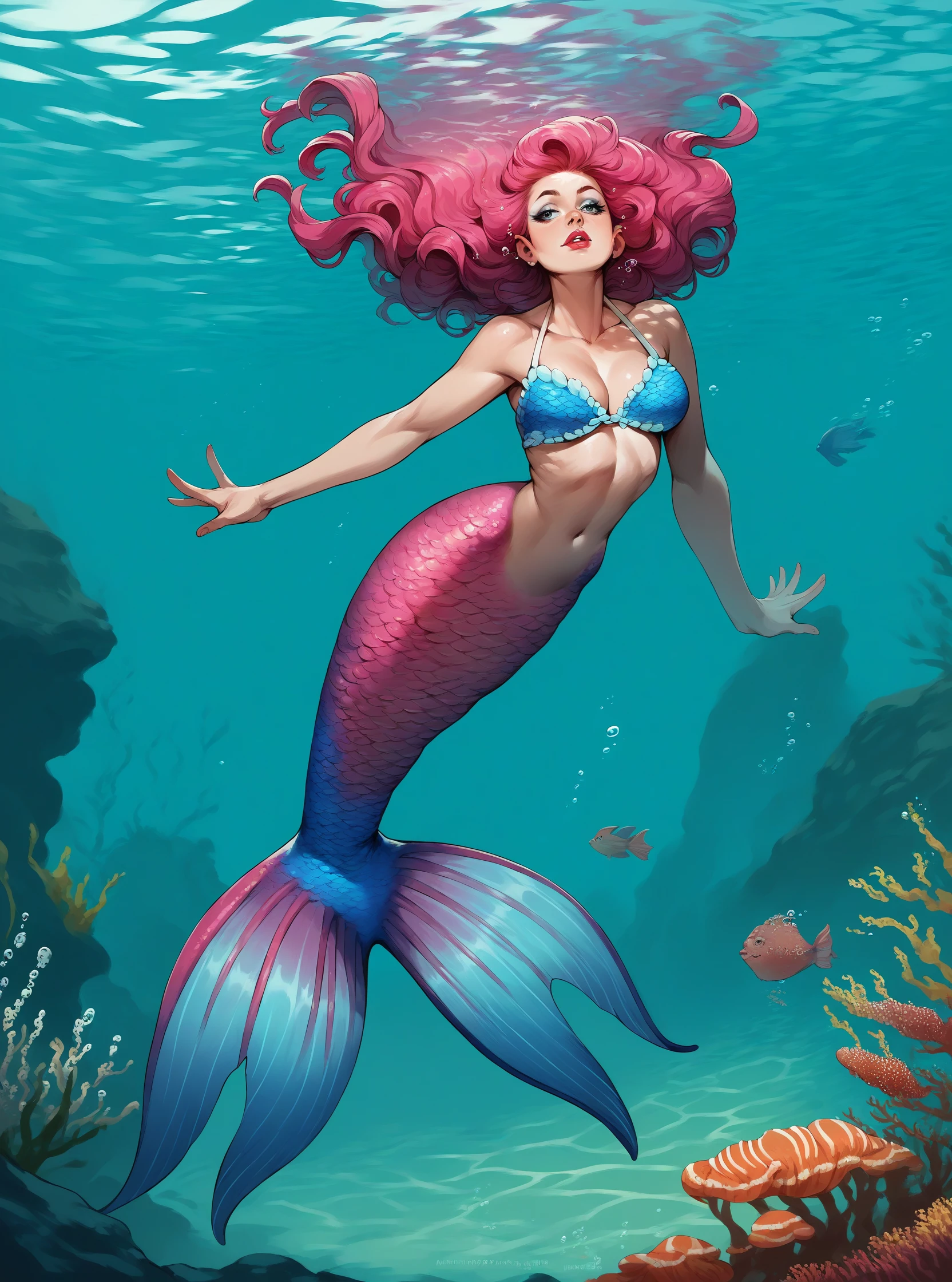 score_9, score_8_up, score_7_up, score_6_up, 1girl, long pink hair, makeup, lipstick, hud_m3rmaid, monster girl, mermaid, bikini top only, <lora:hud_m3rmaid_XLP:0.6>, underwater, swimming