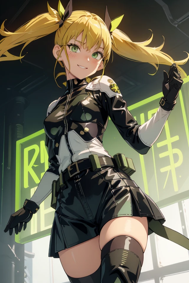 (Kikoru_Shinomiya), 1girl, solo, long hair, twintails, green eyes, bangs, blush, blonde hair, black hair ribbon, small breasts, smile, perfect eyes, perfect face, detail eyes, tall, White background, standing, Cowboy shot, neon lamp, from above, Black leather tights, black high boots, black belt bag,