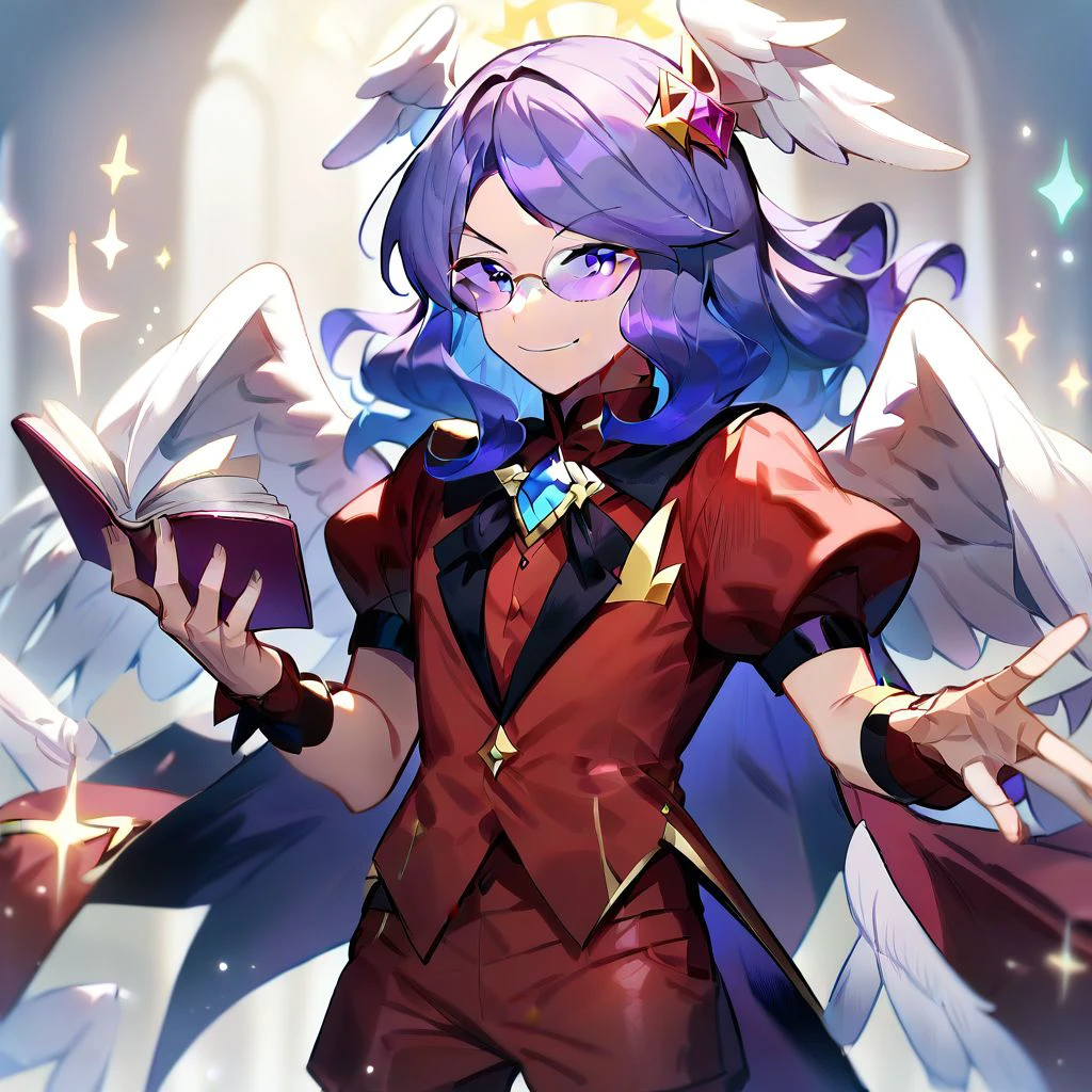 score_9,score_8_up,score_7_up,score_6_up,score_5_up,score_4_up,, solo, 1boy, male focus, magical boy, tailcoat, smile, short sleeves, puffy sleeves, puffy shorts,  shorts, wrist cuffs, hair ornament, jewel, angel wings, book, holding, holding book, open book, cape, long hair, wavy hair, purple hair, purple eyes, glasses, red shirt, red shorts