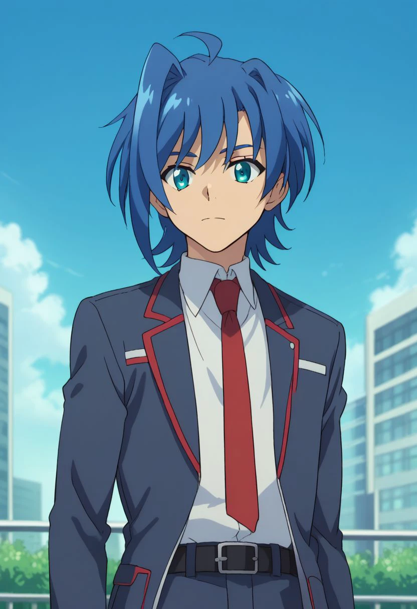 score_9, score_8_up, score_7_up, source_anime, highly detailed, 
aichi, 1boy, male focus, solo, blue hair, ahoge, school uniform, necktie, blue eyes, upper body, belt,
outdoor, sky,