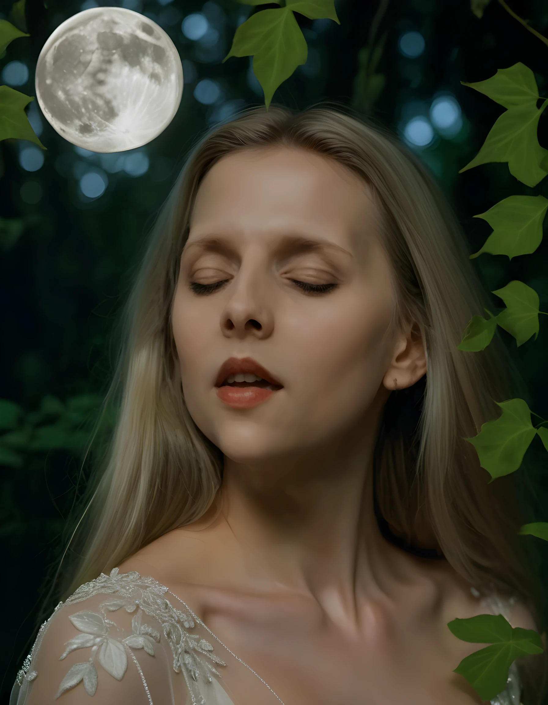 In a dimly lit, ethereal forest clearing under the soft glow of a full moon, a close-up image captures the enchanting visage of 4UR0R4, a woman with both blonde and brown hair cascading down her shoulders like a waterfall of silk, her eyes closed in serene contemplation. She stands against a simple background of dark, verdant foliage, her delicate form clad in an exquisite white gown that shimmers like moonlight on the surface of a still lake. The dress is adorned with intricate embroidery reminiscent of twining ivy vines and delicate flowers, adding an air of mystique to her ethereal beauty. The camera angle is slightly low, drawing the viewer's gaze upward, emphasizing the woman's elongated neck and capturing her delicate features in breathtaking detail. The soft, diffused moonlight filters through the canopy above, casting an otherworldly glow on her skin and illuminating the delicate fabric of her dress as it billows softly around her. The emotional tone is one of tranquility and reverie, capturing a moment of quiet contemplation amidst the enchanting forest landscape.