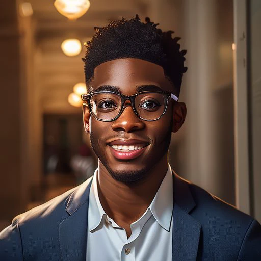 (masterpiece), best quality, expressive eyes, perfect face, dark brown eyes, glasses, brown eyes, very nervous expression, 23 year old black nerd, nervous smile, dressed for a speed dating event, about 5 feet 11 inches tall, full body visible, walking into the entrance with excellent posture