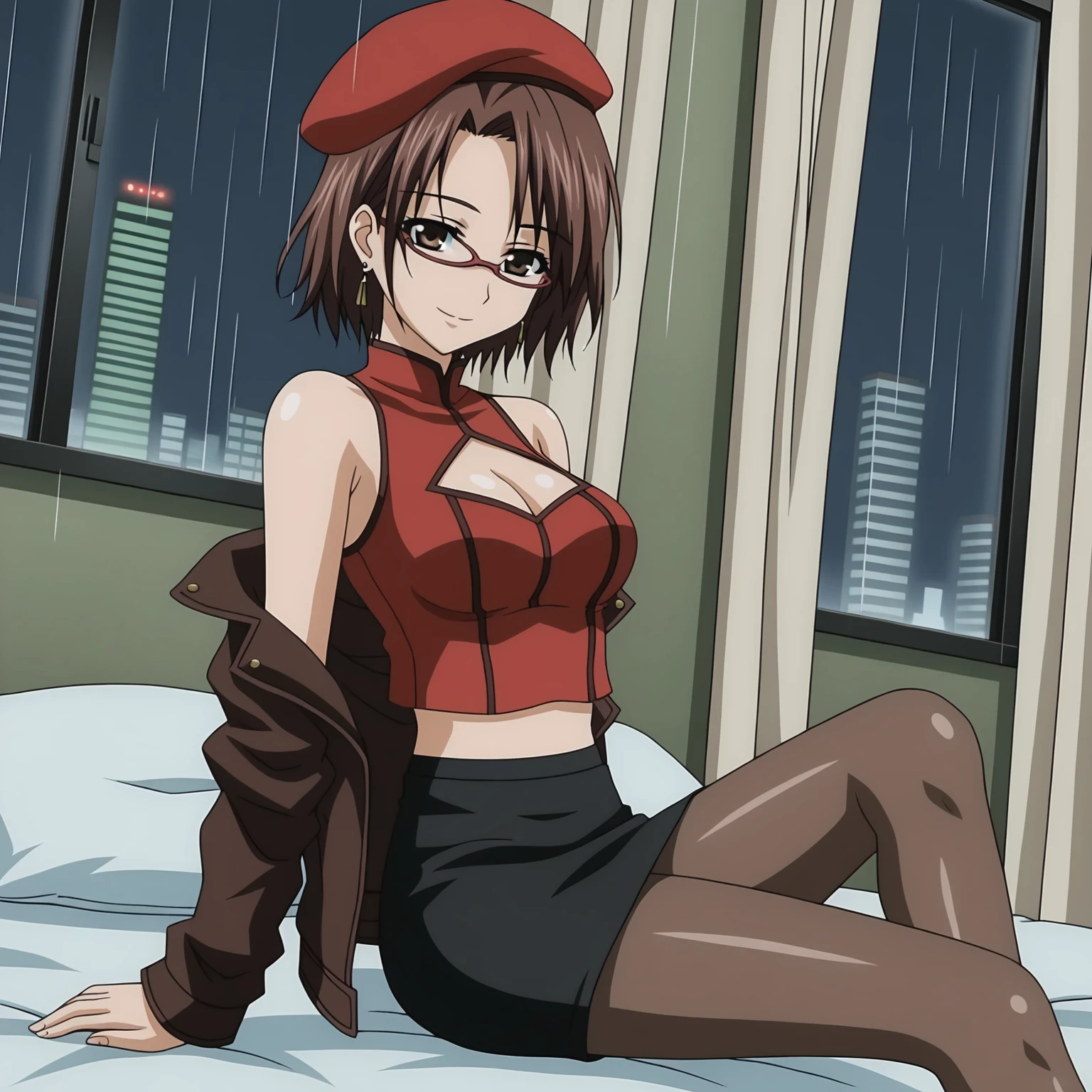<lora:Tomoe - Accelerando-000006:1>, 1girl, solo, AdultTomoe, glasses, short hair, brown hair, earrings, brown eyes, red beret, hat,  shoulders, crop top, cleavage cutout, jacket, black skirt, pantyhose, sitting, on bed, dutch angle, looking at viewer, smile, bedroom, window, rain, night, cityscape, leaning back, arm support,