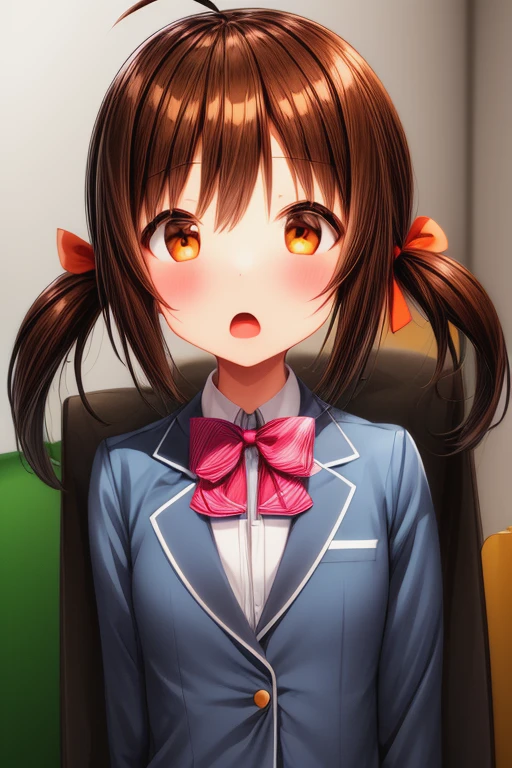 masterpiece_portrait, high quality, canvas, anime_art_style,arifureta shokugyou de sekai saikyou, suzu taniguchi, 1girl, brown hair, solo, school uniform, twintails, brown eyes, ahoge, open mouth, chair, looking at viewer, transparent background, bow, hair ornament, jacket, blazer <lora:Suzu_Taniguchi:1> <lora:add_detail:0.6> <lora:hyperdetailer_v095:0.5>