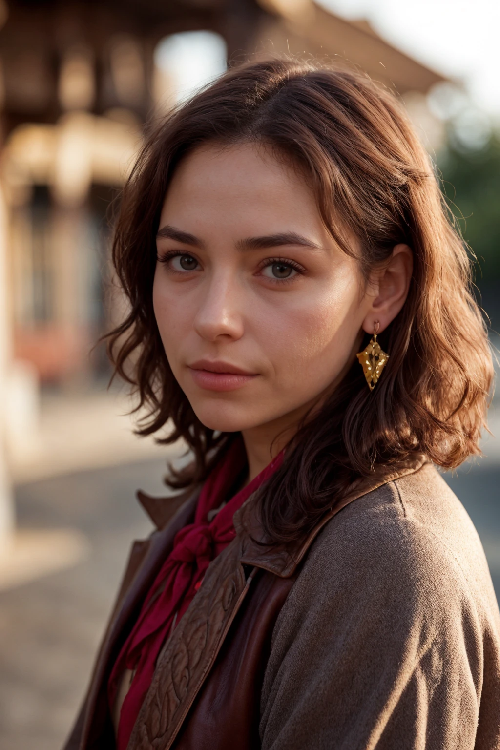 Realistic portrait of an hispanic woman with curly auburn hair, wearing a crimson gypsy tunic with yellow vests, (red headband:1.1), circle earrings, sash, leather belt, leather gloves, (hungry:1.3), She stands against a backdrop of soft, golden evening sunlight, casting a gentle warmth on her features. fantasy, <lora:[VG]_-_Ezmeralda_DAvenir_v2:1>, RAW candid cinema, 16mm, color graded portra 400 film, remarkable color, ultra realistic, textured skin, remarkable detailed pupils, realistic dull skin noise, visible skin detail, skin fuzz, dry skin, shot with cinematic camera