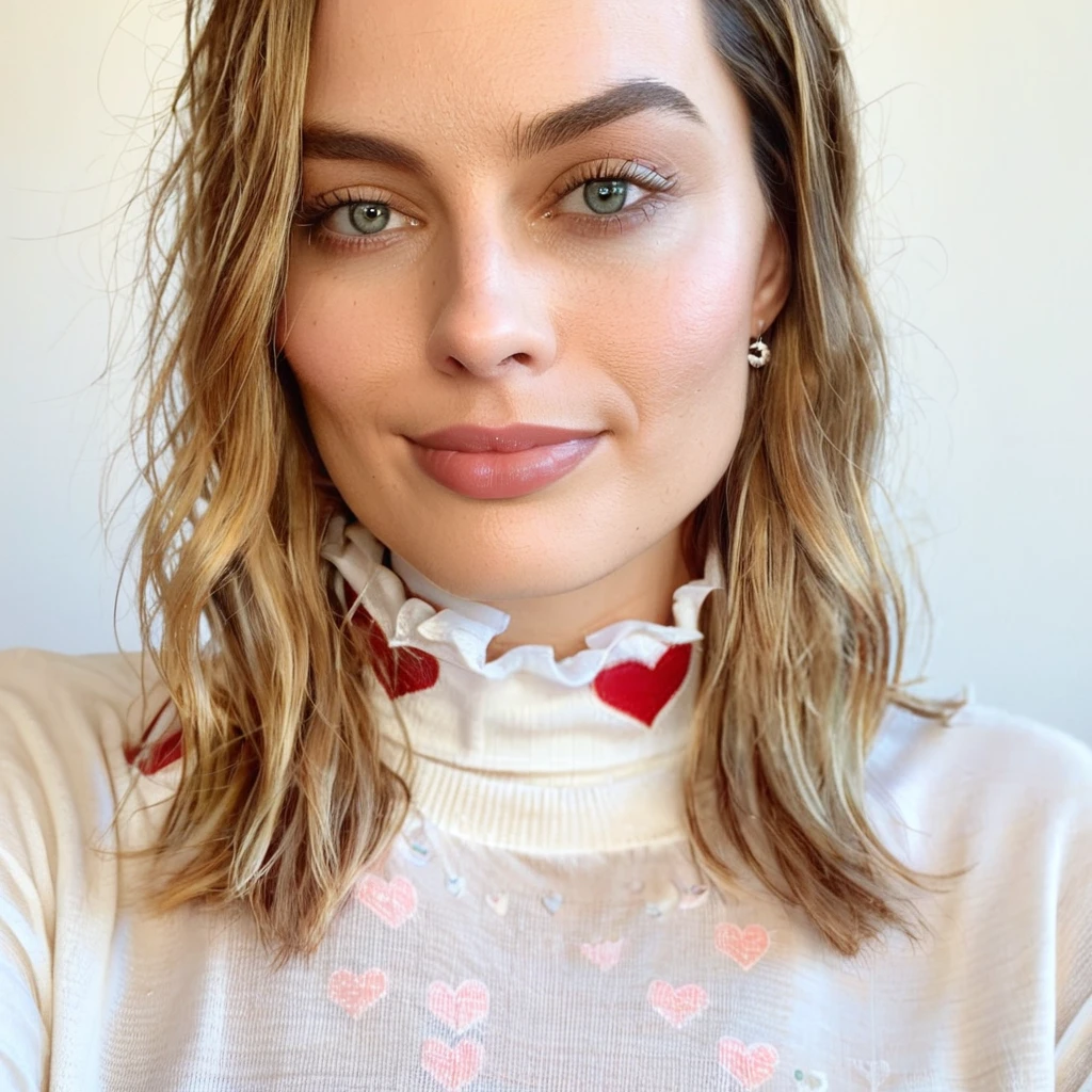 Looking straight at the camera, Film grain, skin texture, Instagram closeup selfie of a woman with beautiful wavy hair wearing a heart necklace,f/1.8,wearing a turtleneck shirt, mxrbbie,    <lora:marobbie_2016_juggerX_xl_2_st_wocap-mxrbbie-000074:1>