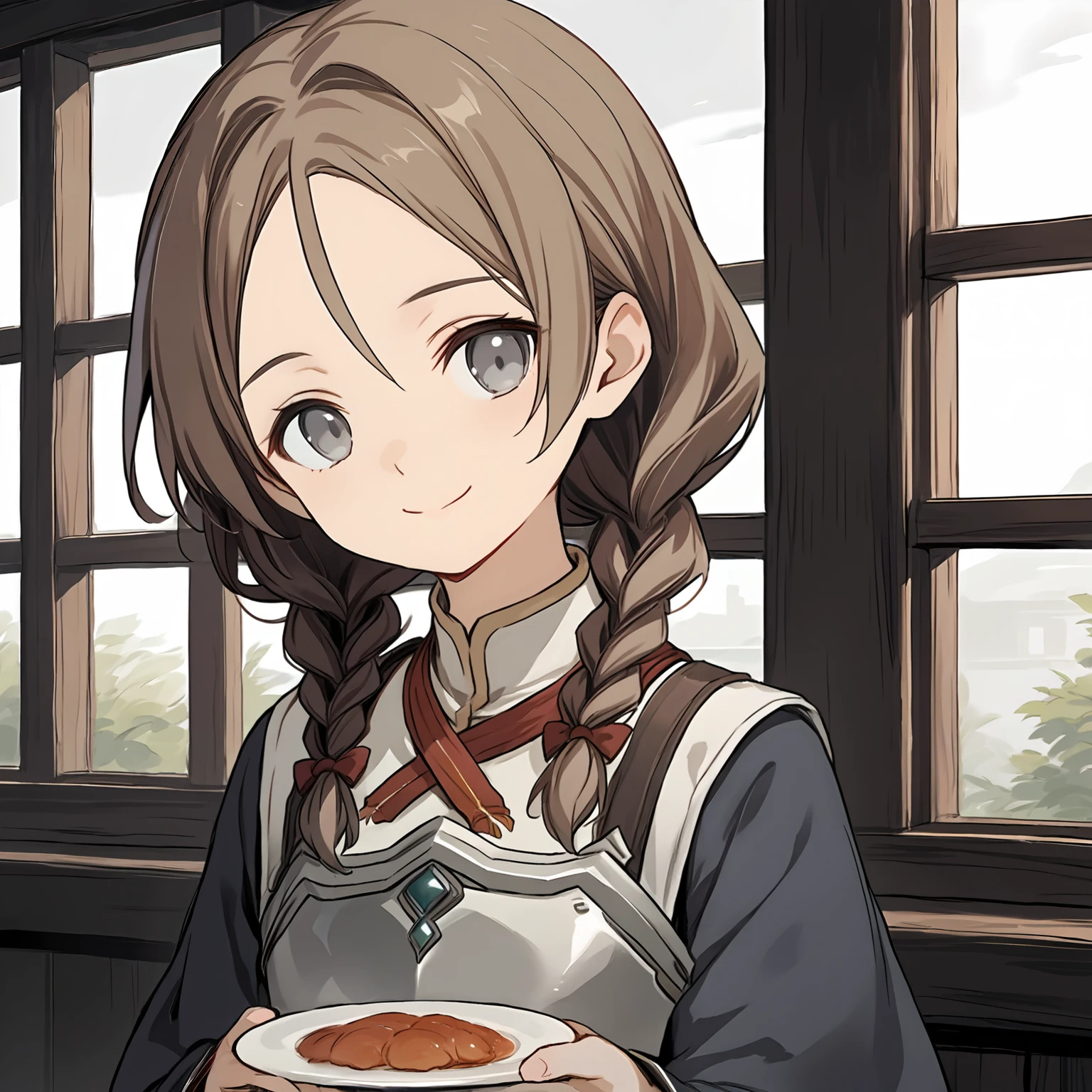 (linel), score_9, source_anime, (pafc), 1girl, breastplate, hair over shoulder, looking at viewer, window, grey wall, gentle grey eyes, small smile, head tilt, brown twin braids, red ribbon around neck