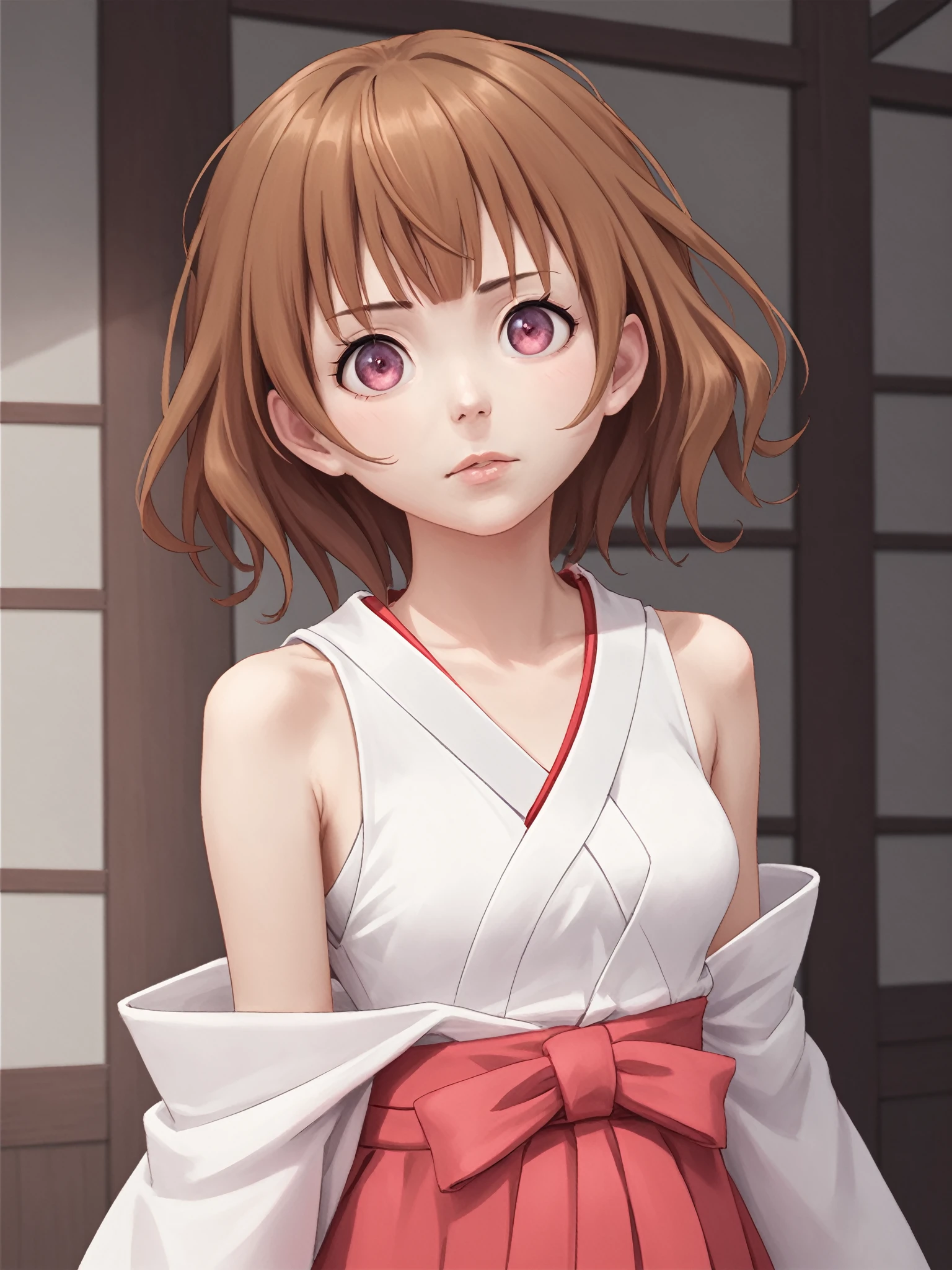 score_9, score_8_up, score_7_up,
realistic,
1girl,solo,
 <lora:sakurakagurazaka.pony.v2:0.65>
sakura kagurazaka, miko, exorcist outfit, pink eyes,
white shirt, bare shoulders,