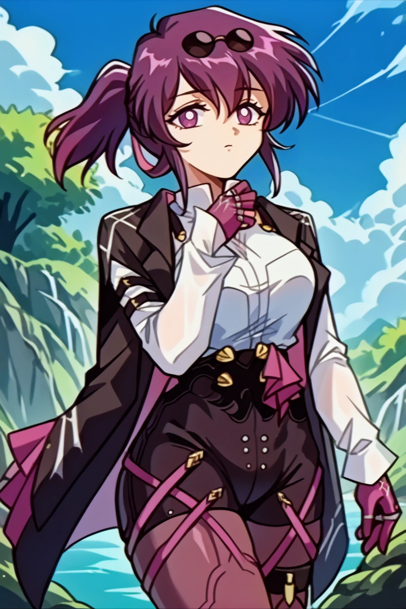 score_9, score_8_up, score_7_up, score_6_up, source_anime, 1girl, solo, <lora:kafka-pdxl-nvwls-v1-000005:1> hsrkf, purple hair, purple eyes, blank eyes, ponytail, sunglasses on head, black jacket, collared shirt, white shirt, long sleeves, high-waist shorts, black shorts, purple gloves, black shorts, purple straps, thigh straps, purple pantyhose, single thighhigh, boots  <lora:FeOva-pdxl_Fp:1.2> retro artstyle, 1990s \(style\), forest, blue sky, river, looking at you