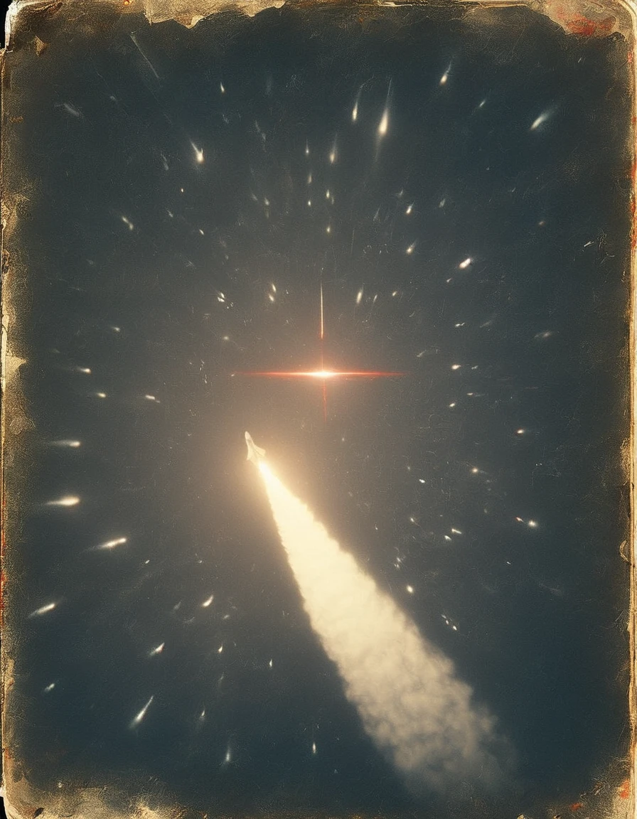 baroque-styled rocket ship passing a comet in otherwise empty blackness of space leaving a fiery red trail 