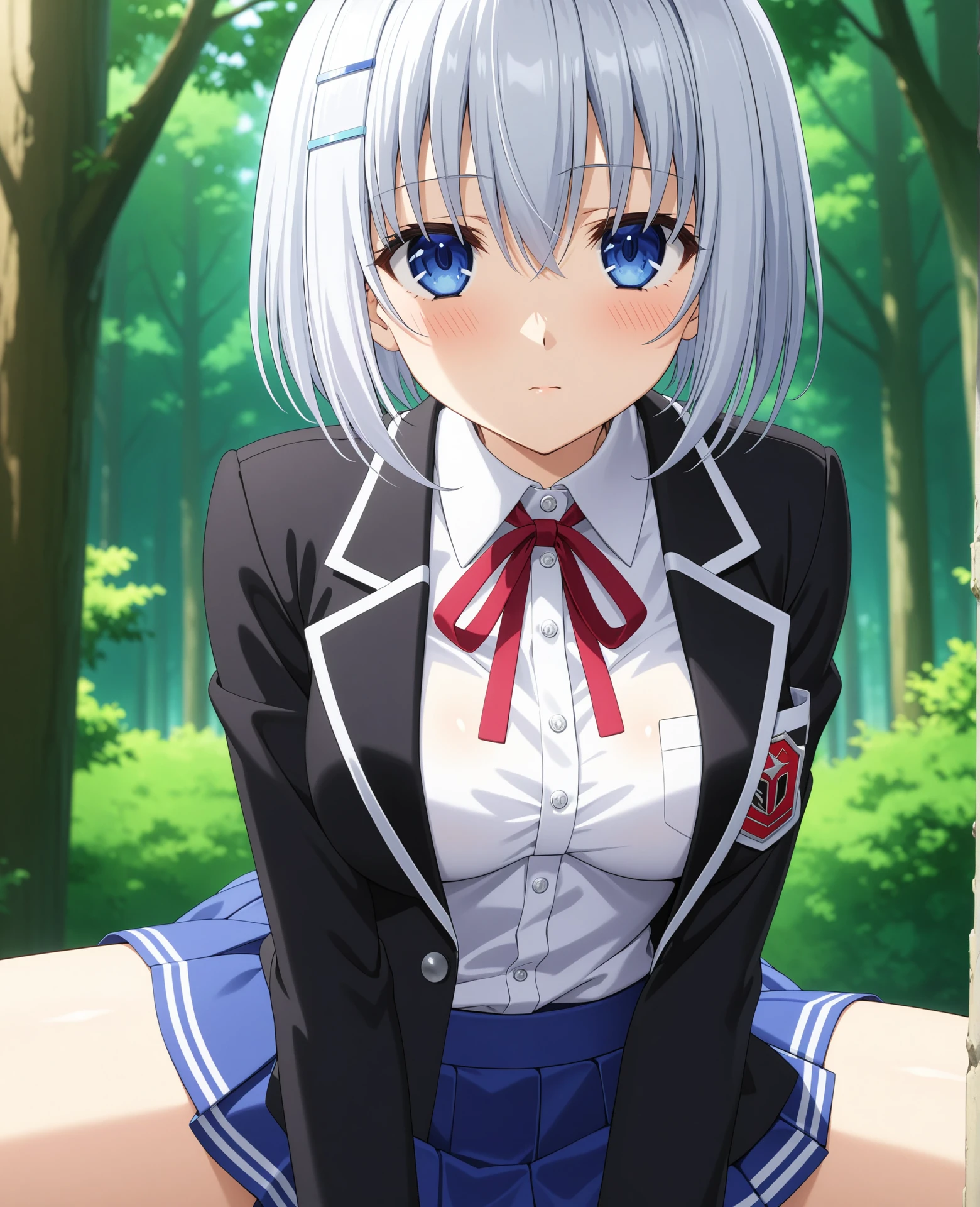 score_9, score_8_up, score_7_up, BREAK source_anime, best quality, masterpiece, (masterpiece, best quality, very aesthetic, ultra detailed), intricate details, official style, anime, 2d,
aiorigamischool, 1girl, solo, blush, white hair, grey hair, short hair, bangs, blue eyes, hair between eyes, tobiichi origami, hairclip,
breasts, medium breasts, skirt, shirt, long sleeves, ribbon, school uniform, jacket, white shirt, pleated skirt, collared shirt, red ribbon, blue skirt, black jacket, dress shirt, neck ribbon, blazer,
sitting, spread legs, looking at viewer, outdoors, arms behind back, forest, <lora:Origami_XL:1>, <lora:add_details_xl:0.5>,