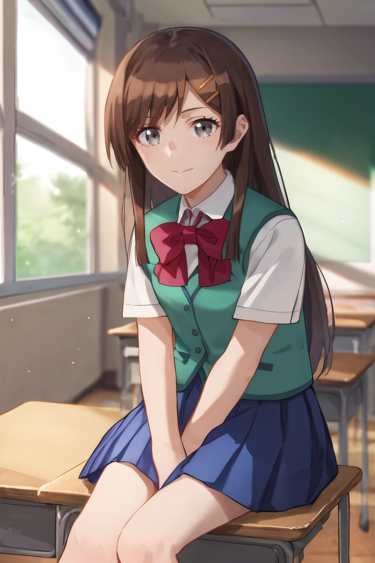 score_9, score_8_up, score_7_up, source_anime,
hibiki, 1girl, solo, long hair, grey eyes, brown hair, hair ornament, hairclip,  school uniform, white shirt, short sleeves, pleated skirt, green vest, blue skirt, red bowtie,
school, classroom, sitting, on chari  light smile,hand between legs, 
 <lora:hibiki-10:1>