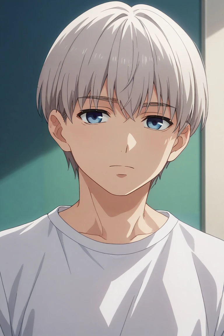 score_9, score_8_up, score_7_up, , rating_safe, , anime screencap, , official style, looking at viewer, , 1boy, solo, male focus, <lora:shouta_doi_pony:0.8>, shouta_doi, grey hair, blue eyes, short hair, bangs, , , t-shirt dress,, <lora:sdxl_lightning_8step_lora:1>