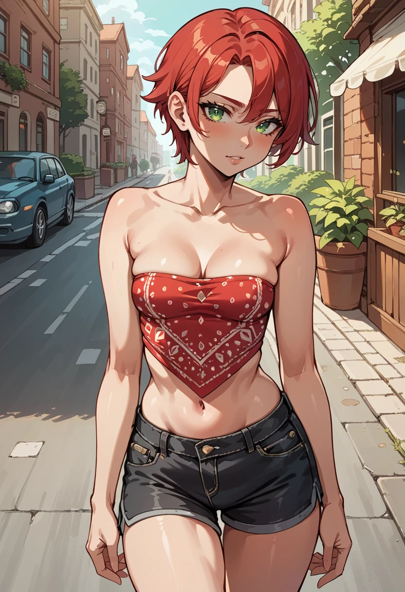 score_9, score_8_up, score_7_up, score_6_up, score_9, score_8_up, score_8, source_anime, 1girl, small breasts, short red hair, green eyes, bnd_top, red, patterned, strapless, cleavage, nip slip, visible breast, both breast out, black shorts, sidewalk, public,  <lora:Sheep's Bandana Tops_epoch_11:1>