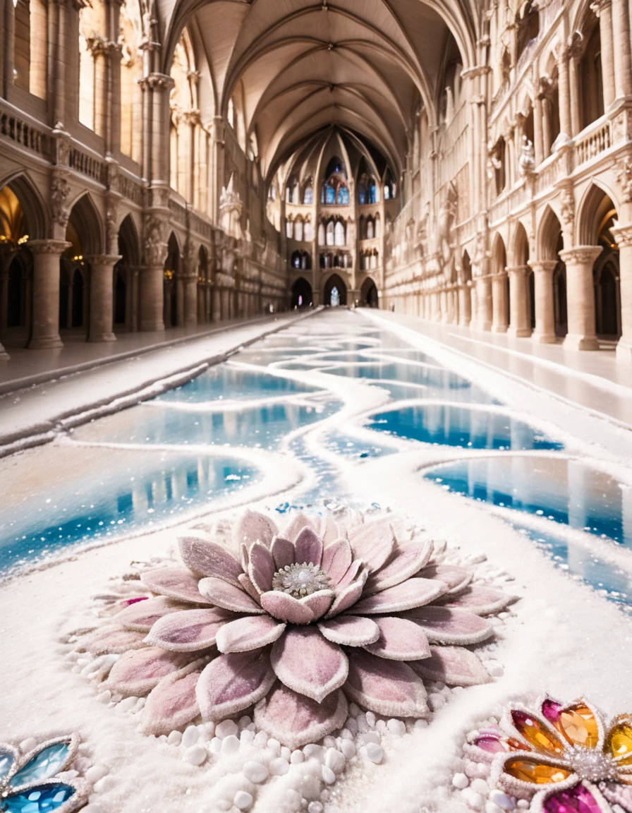 made out of ral-swarcrystl, landscape of a Dusty Hostile (Salt Flat:1.2) from inside of a Notre-Dame Cathedral, flower field, Snowy, fur, drawing, <lora:ral-swarcrystl-sdxl:0.75>, professional creative, winning, romantic, complimentary colors, flowing, luxurious