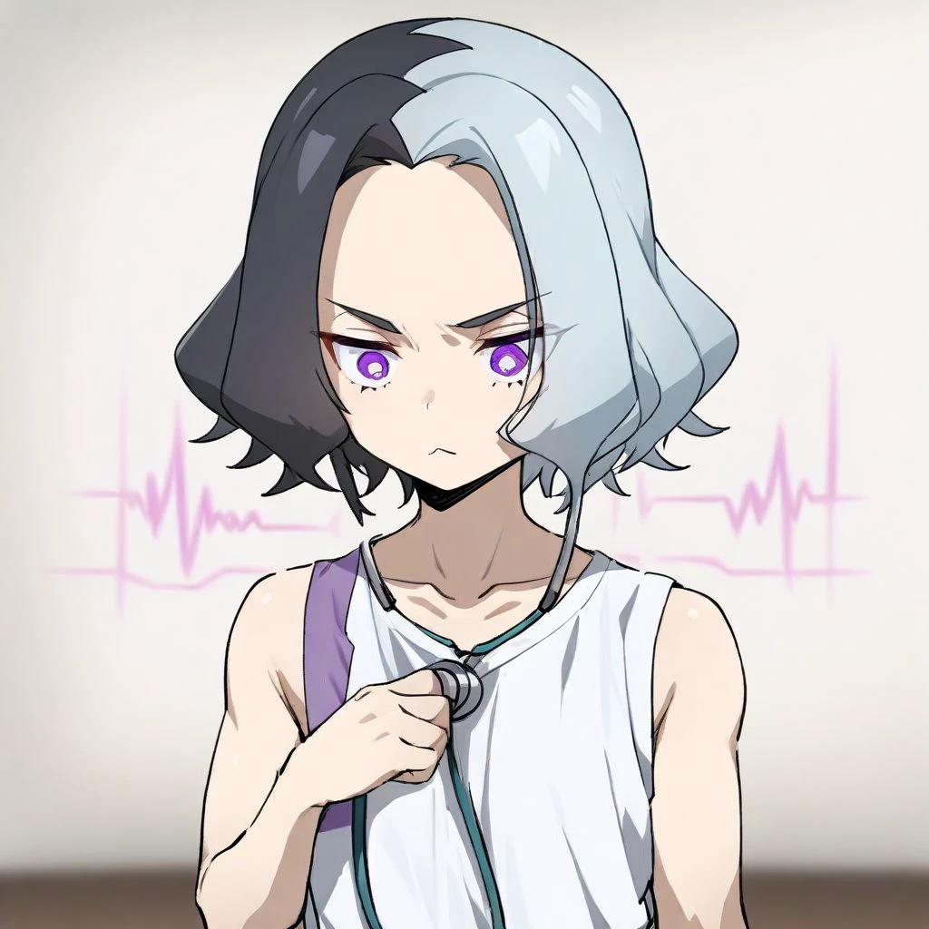 masterpiece, best quality, aesthetic, high quality, solo, 1boy, male focus, short hair, white hair, black hair, two-tone hair, multicolored hair, purple eyes, tank top, white shirt, collarbone, sleeveles, looking down, :<, serious, hand on own chest, heartbeat, stethoscope, self_steth, hand on own chest, holding