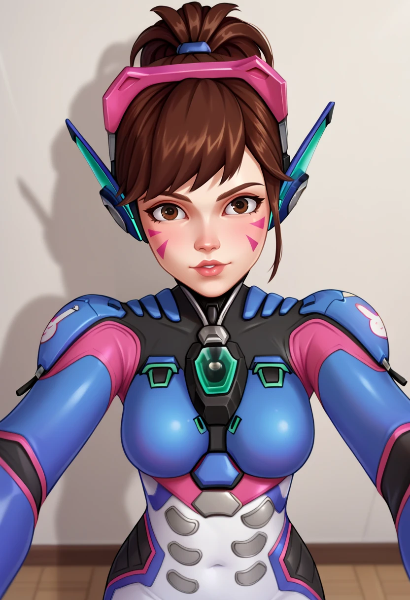 score_9,score_8_up,score_7_up BREAK <lora:dva2:0.8>,dva2,1girl,long hair,looking at viewer,brown hair,brown eyes,ponytail,lips,bodysuit,swept bangs,headphones,facial marknose,pilot suit,whisker markings,facepaint,shoulder pads,bodysuit,ribbed bodysuit,d.va (overwatch),cowboy shot,room,room background,from above,selfie,