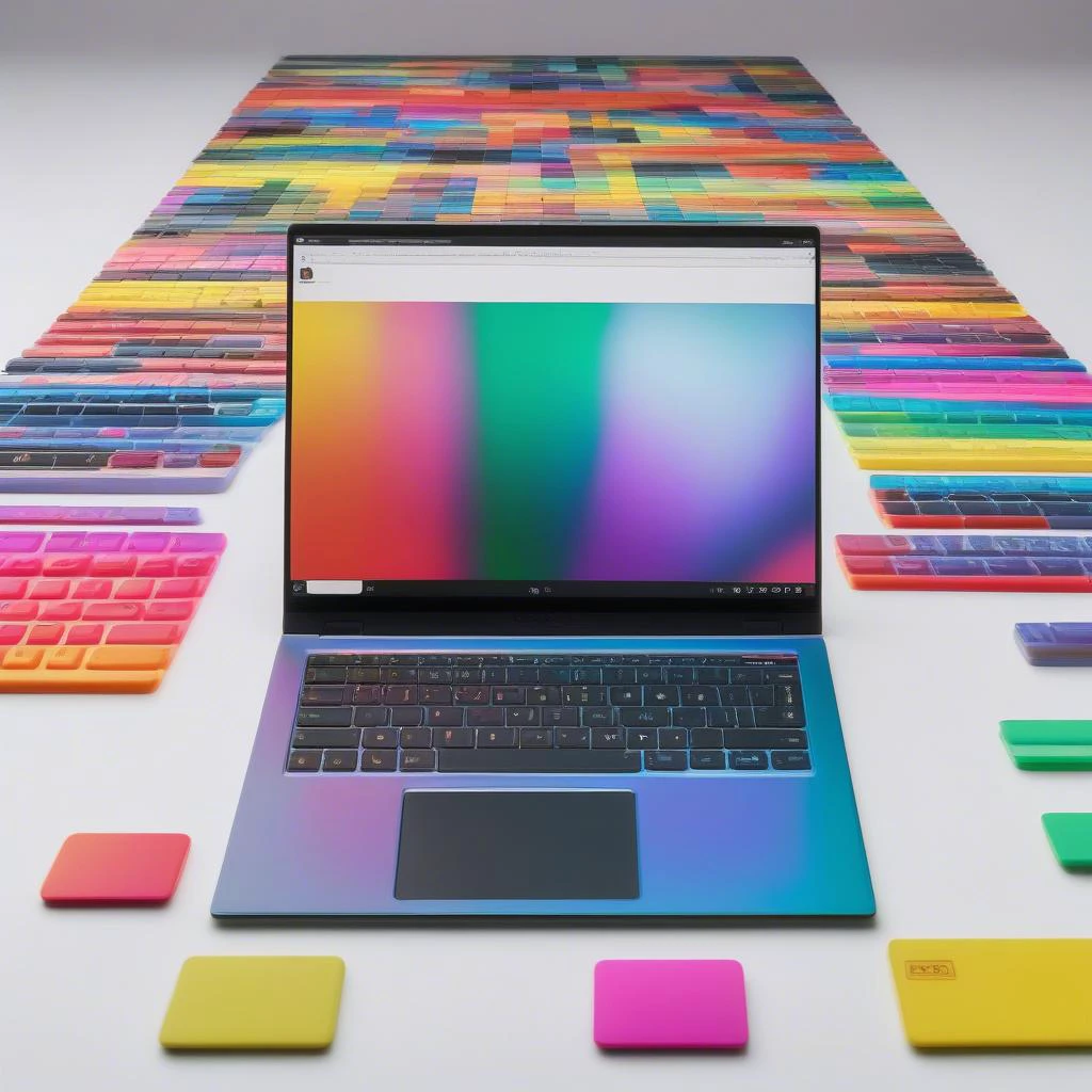 a full shot of a laptop is captured in a studio setting against a white backdrop. the laptop is positioned facing the viewer, showcasing its black keyboard and trackpad. the screen, displaying the windows 11 operating system, is adorned with a vibrant rainbow of colors. the left side of the screen is dominated by a black keyboard, while the right side features a trackpad. the laptop's battery is visible in the lower right corner of the screen, adding a sense of depth to the image.