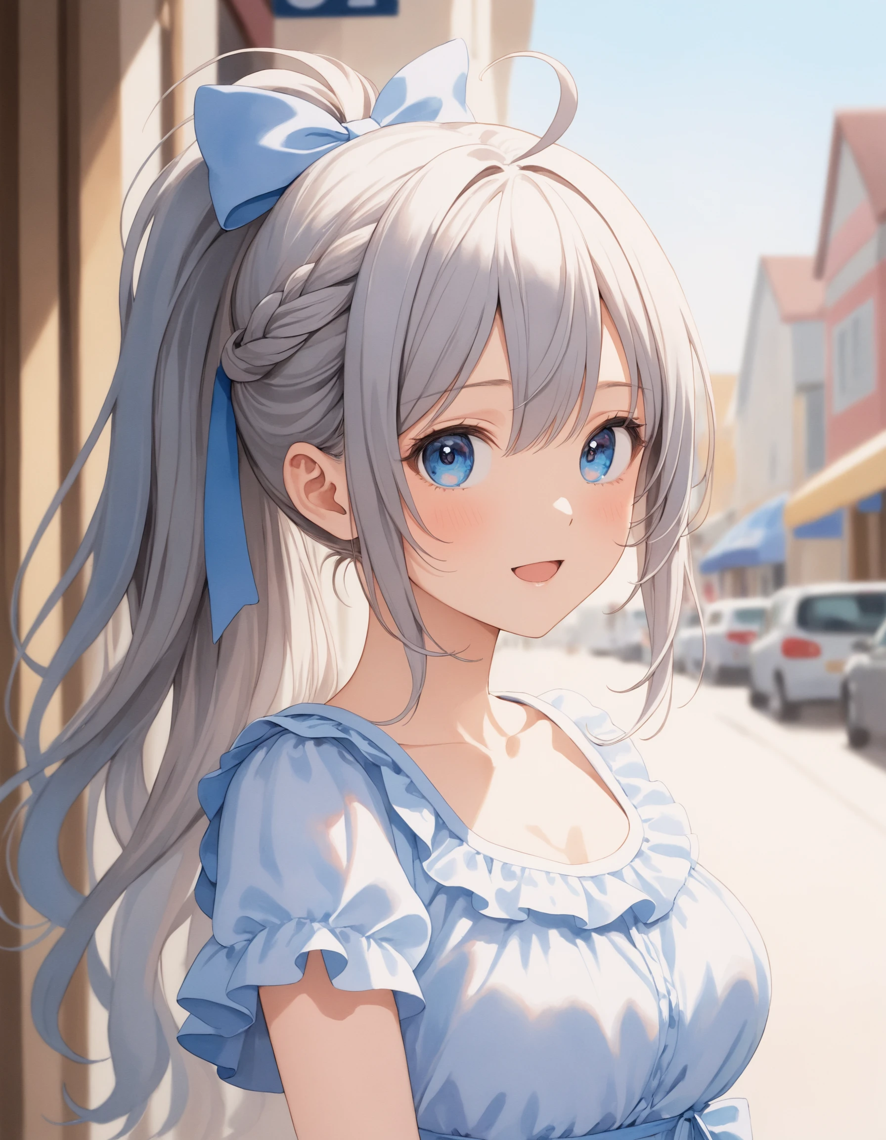 SceneDescription:
- Composition: Portrait. Face focus. Shooting from front.
- Subject: A cute girl.
- Characteristics:
- Face: (Cute round face:1.1).
- Eyes: Detailed dark-blue eyes.
- Hair: Long wavy high (ponytail:1.2) with big ribbon hair ornament, (gray hair), (gray inner hair), left side french braid, ahoge and hair between eyes.
- Body: Detailed slender body. Large breasts.
- Clothing: White ruffled dress, short sleeves and layerd skirt.
- Expression: Amused expression. Open mouth.
- Posing: (Arms behind back:1.2). Head tilt. Looking at viewer.
- Background: Fashionable cafe street.
- Elements: Blue sky view.
Time: Daytime.
Lighting: (Natural lighting:1.4).
ArtStyle: Watercolor. Traditional media. Blurry. Pale pastel colors.
Quality: Intricate details. Extremely detailed. Outstanding intricacies. (Masterpiece:1.2). (Best quality:1.2). (Absurdres absolutely resolution:1.4).
Mood: Pastel atmosphere.
<lora:flat_sdxl:0.2>