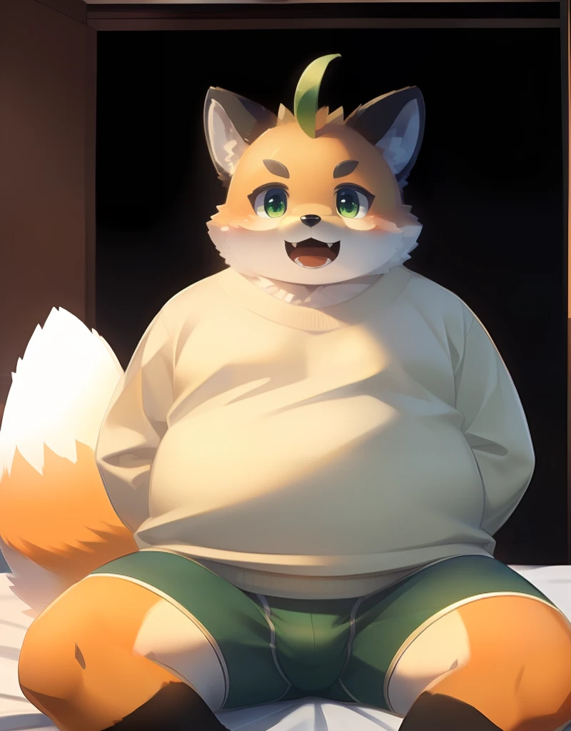 (((detailed eyes, detailed face))), (furry, iyo <lora:character_iyo_findigo_v2:1>, two-tone fur, ahoge, fox boy, snout, green eyes), male, (solo), (plump, fat, chubby, overweight), (khaki sweater, green boxer briefs), sitting, (arms behind back), smile, (front view) BREAK (konzaburou, ukan_muri), bedroom, (flat shading, flat color, high brightness), 8k, UHD, masterpiece, (full body)