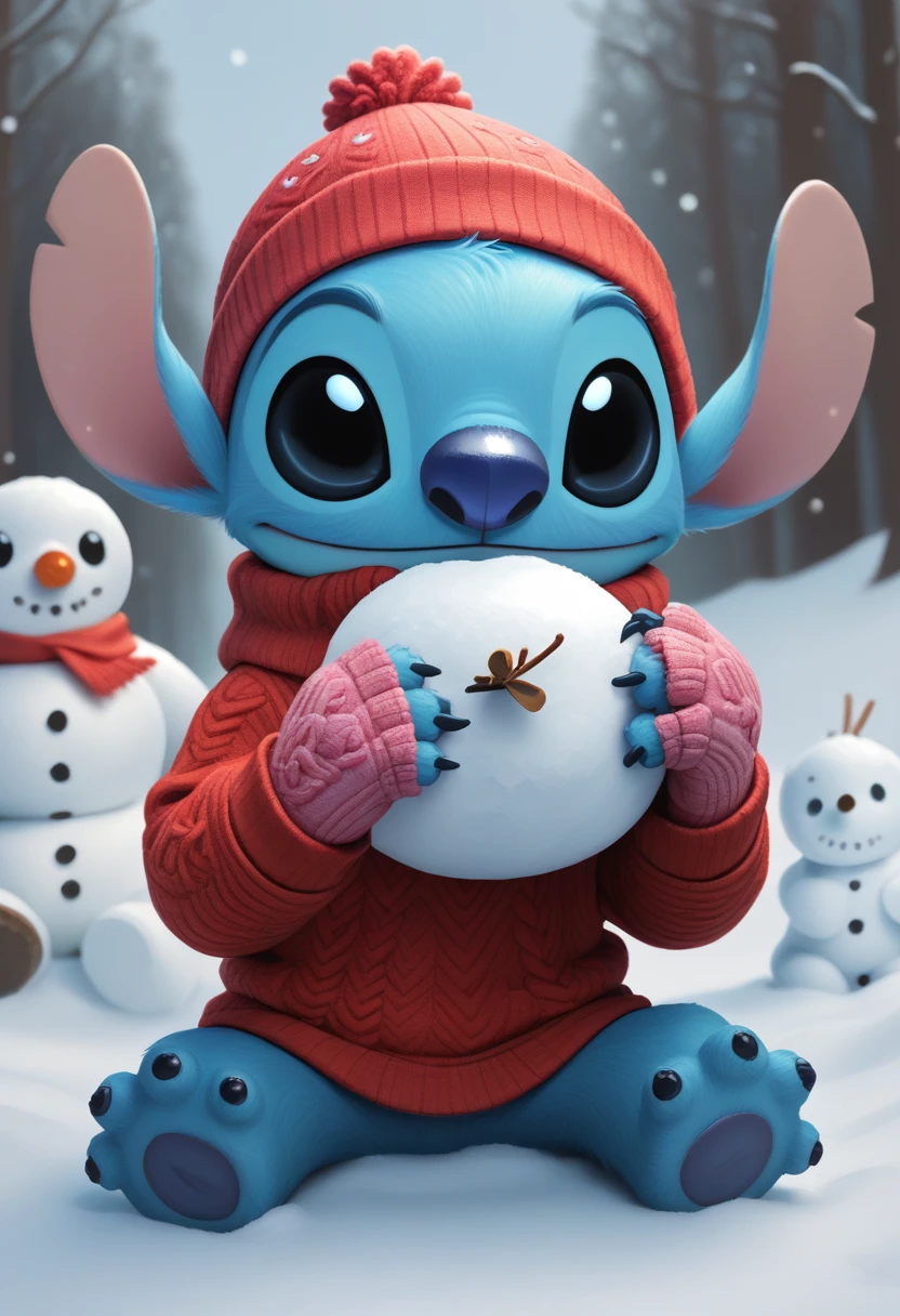 score_9, score_8_up, score_8, <lora:Experiment_626_aka_Stitch_Lilo_and_Stitch_for_PonyXL:0.8> 1boy, st1tch, black eyes, furry, sweater, beanie, snow, snowman, mittens, cute