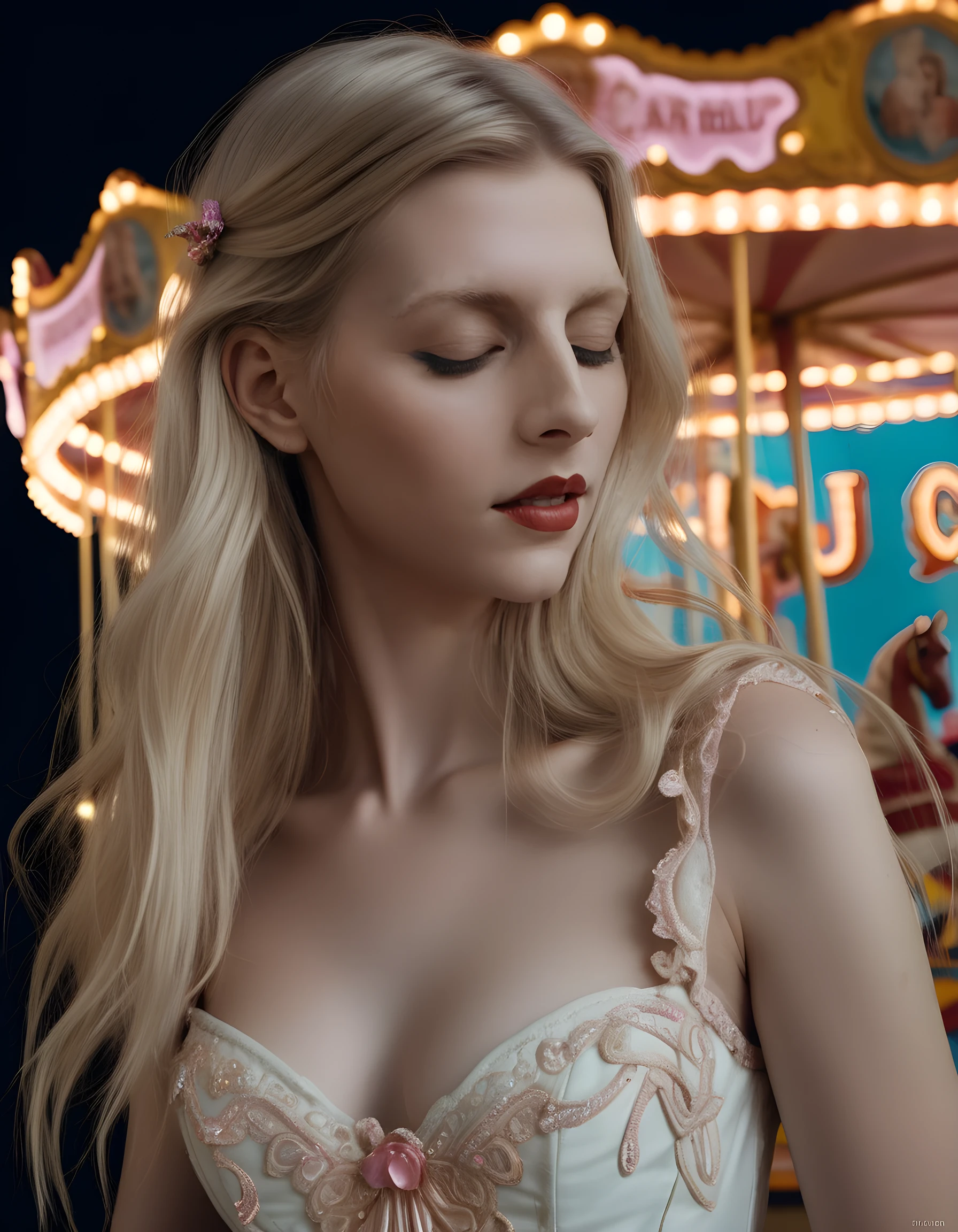 In a surrealist noir setting, the ethereal 4UR0R4, with her flowing blonde hair cascading down her back like a waterfall of moonlight, is captured in a dramatic close-up. The background reveals an abandoned carnival lit by the eerie glow of neon signs and flickering fairground lights. She stands in profile, dressed in a stunning, intricately embroidered white gown that seems to shimmer and shift like a mirage. Her eyes are closed as if lost in a dream, her lips a delicate pink oval, as she holds an antique music box that emits the haunting melody of a carousel calliope. The contrasting darkness of the carnival grounds and the otherworldly beauty of 4UR0R4 create a striking juxtaposition, capturing both the allure and the mystery of a forgotten wonderland in this poignant, dreamlike portrait.