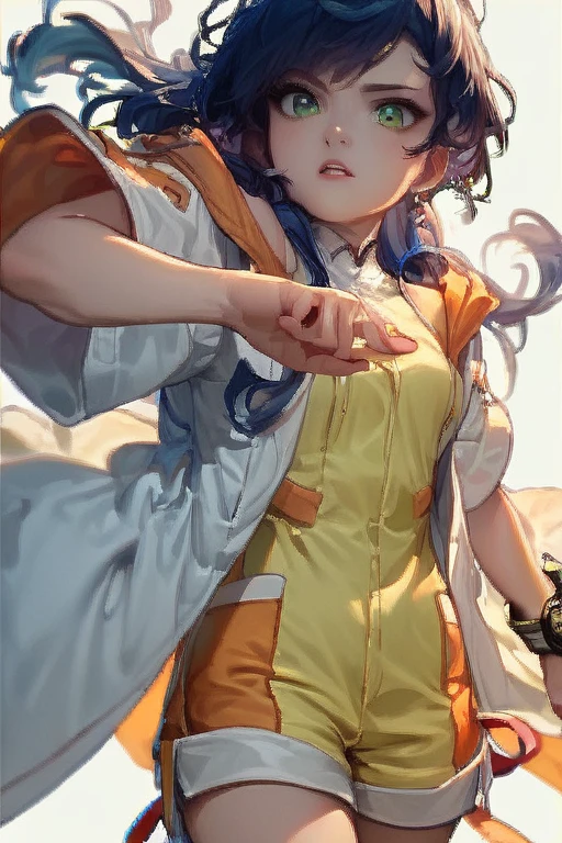 , score_9, score_8_up, score_7_up, source_cartoon, detailed,, fabia_Sheen, blue hair, long hair,  green eyes, pink ear rings, white coat, bare shoulder, yellow shirt, short sleeves, shorts, yellow shorts, orange patches, blue thighhigh socks, white boots, wristwatch, <lora:Bakugan_Fabia_Sheen-08:0.8>