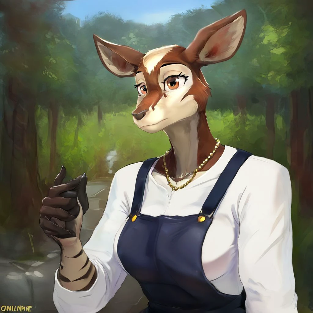 Cosmo[Beastars], female, anthro, giraffid, anthro giraffid, multicoloured fur, white and brown fur, multiple coloured fur, brown eyes, animal ears, 2eyes, animal nose, (female anthro giraffid:1.5), 
dressed, clothed, clothing, big boobs, big tits, tits, boobs, C-cup boobs, pinafore dress, red pinafore dress, dress, white shirt, white undershirt, pearl necklace, pearls. 
Solo, alone, by herself, 1girl, female. 
curvy, curvy female body, curvy female, curvy body, curvy female, curvy female body, curvy body, curvy , (curvy female body:1.7), (light brown body:1.1).   
headshot, close to face, bustshot photo, bustshot.
outside, park, forest, woods, trees.
Realistic, Furry, Animalistic features, Anthro, Detailed, Shaded,
HD, digital painting, digital art, masterpiece.  standing, standing up.  
closed mouth, happy emotion.  
HD, digital painting, digital art, masterpiece ((bustshot portrait)), digital drawing (artwork), digital media (artwork), hi res, (furry art, uploaded on e621:1.1), best quality, highly detailed, intricate details, extremely detailed, perfect hands, negative_hand.