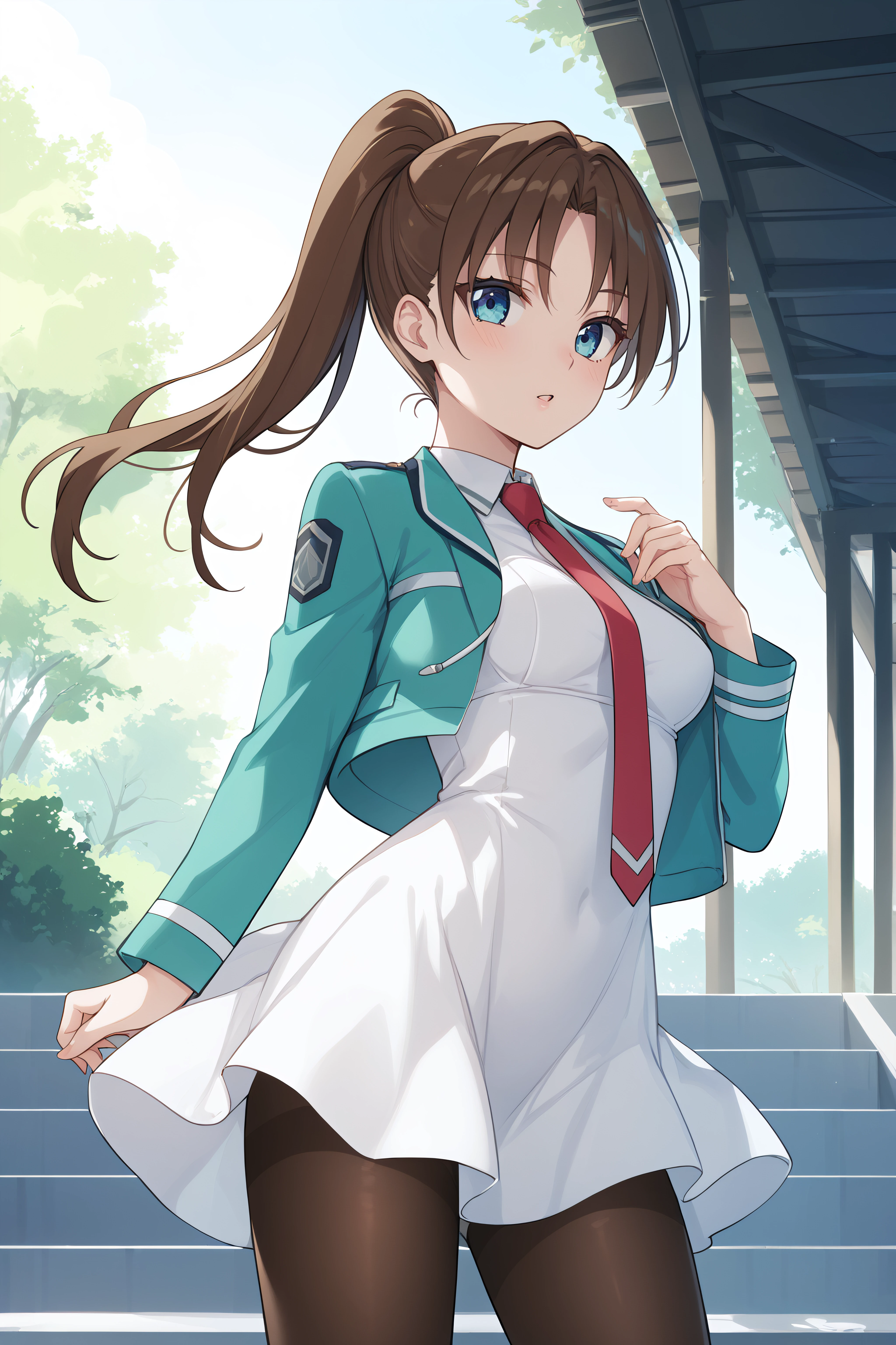 score_9, score_8_up, score_7_up, BREAK source_anime, <lora:sayaka mibu-PonyXL-lora-Faxtron:0.8> sayaka mibu, blue eyes, brown hair, high ponytail, medium breasts, cropped green jacket, white dress, necktie, pantyhose,