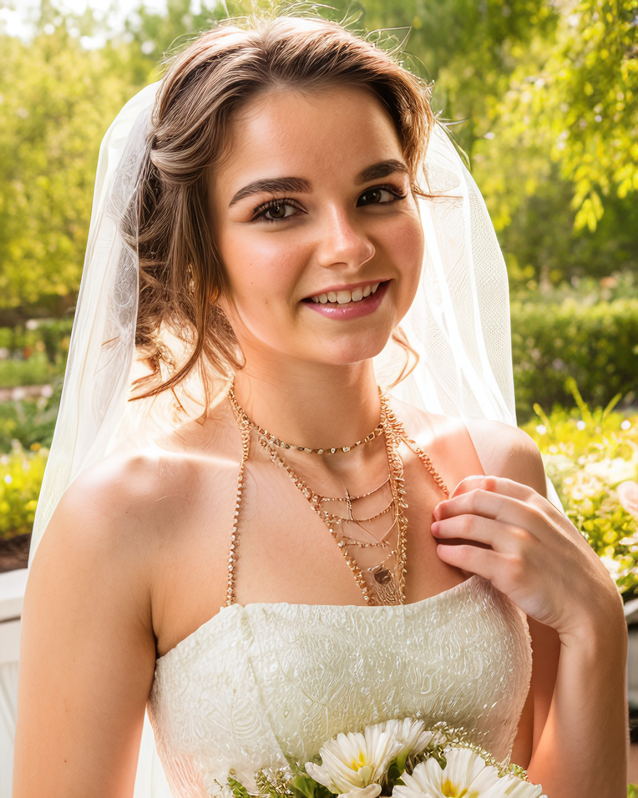 s-purr, cowboy shot, wedding dress, (veil), flowers, (((jewelry))), bokeh, sunlight, shadows, glare, lip gloss, lips, (outdoors), looking at viewer, focus on eyes, pale-skinned female, photograph, intricate details, teeth, necklace
