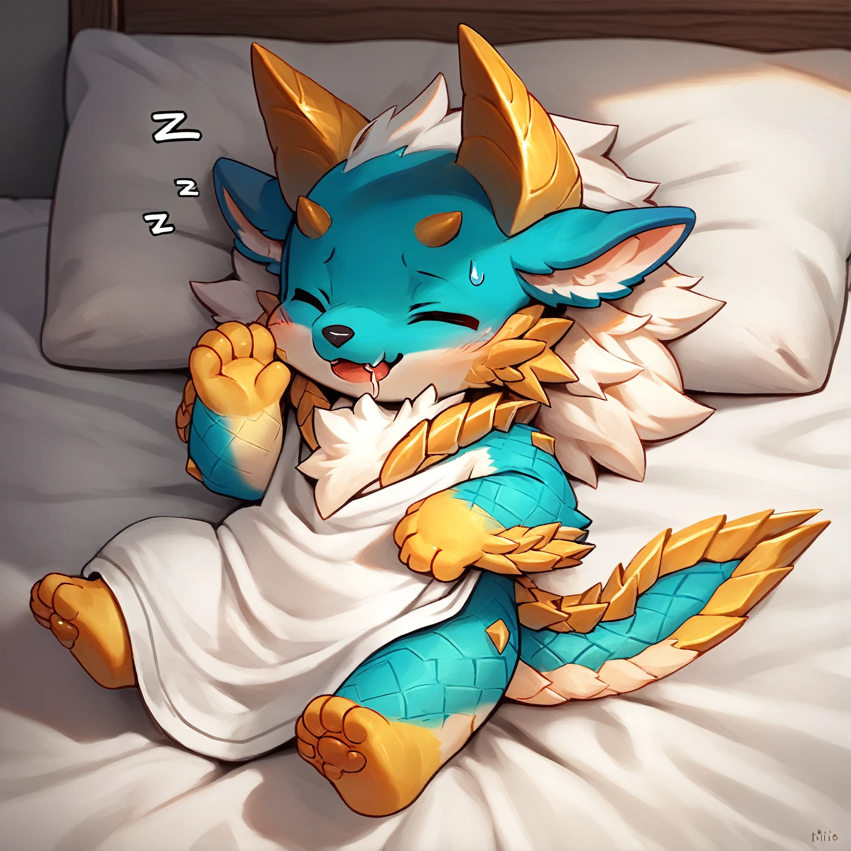 score_9,score_8_up,score_7_up,score_6_up,score_5_up,score_4_up,high quality,
zinogre,solo,Cute,chibi,anthro,blue eyes,blue body,white furry,yellow hand,zzz,vowelless sound effect,vowelless,eyes closed,bed,pillow,blanket,lying,on bed,saliva,drooling,bed sheet,sound effects,white boy,yellow feet,blue face,4 toes,tails,horns,masterpiece,<lora:Zinogre_XL_Pony_4-000009:1>,